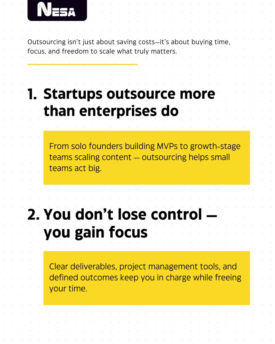 nesasoftware's tweet image. How winning teams stay ahead?
Outsourcing isn’t just cost-saving—it’s a global business strategy.
Scale faster
Gain focus
Save up to 70% on ops cost
Still doing it all yourself?
Let Nesa Software help.
#Outsourcing #BusinessGrowth #NesaSoftware #StartupTips