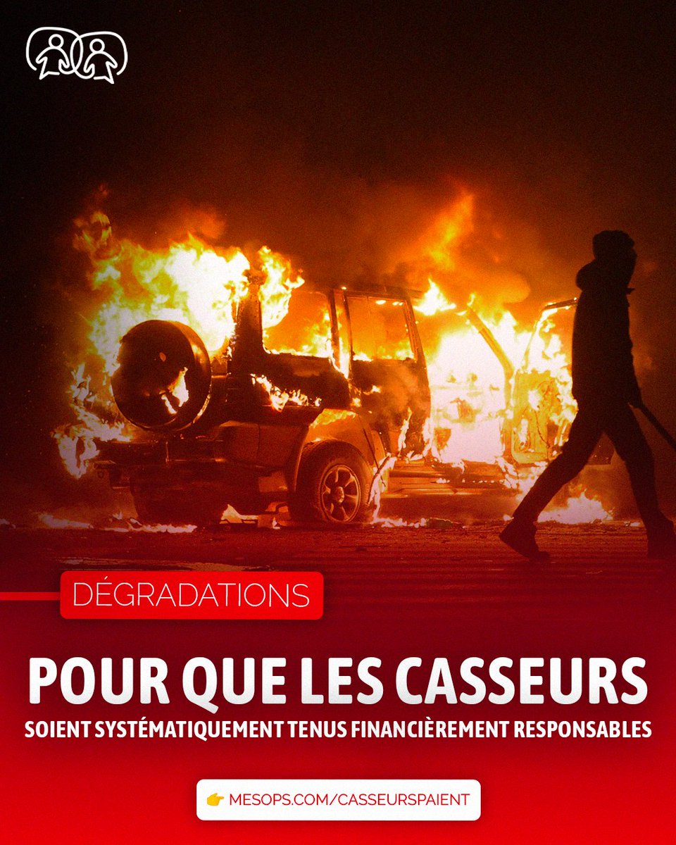 🚨Vitrines brisées, voitures brûlées… et ce sont les citoyens qui paient.

L’auteur de cette pétition demande que les casseurs indemnisent les dégâts et non les contribuables.

Signez-ici
➡️ mesops.com/CasseursPaient ✍️