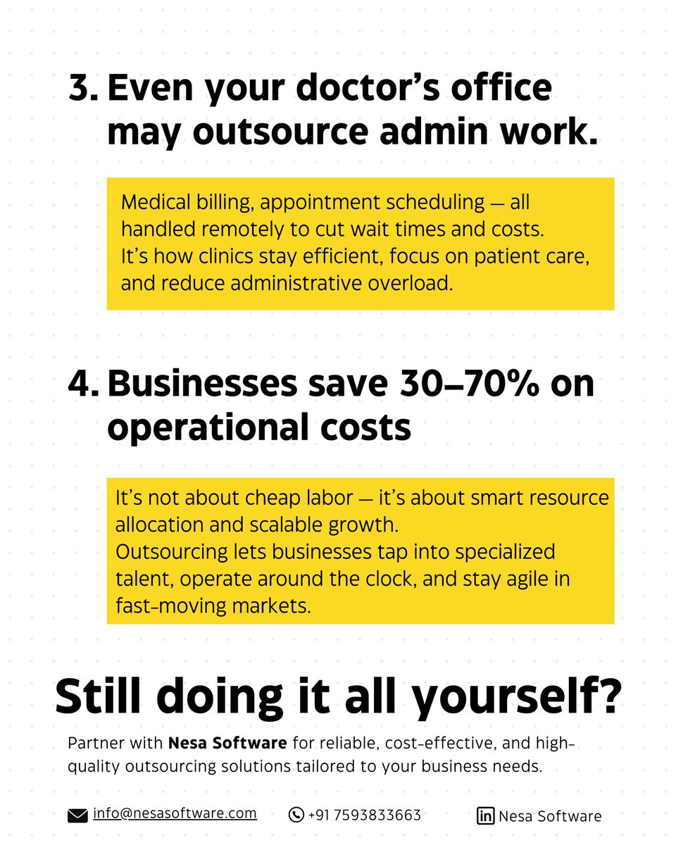 nesasoftware's tweet image. How winning teams stay ahead?
Outsourcing isn’t just cost-saving—it’s a global business strategy.
Scale faster
Gain focus
Save up to 70% on ops cost
Still doing it all yourself?
Let Nesa Software help.
#Outsourcing #BusinessGrowth #NesaSoftware #StartupTips