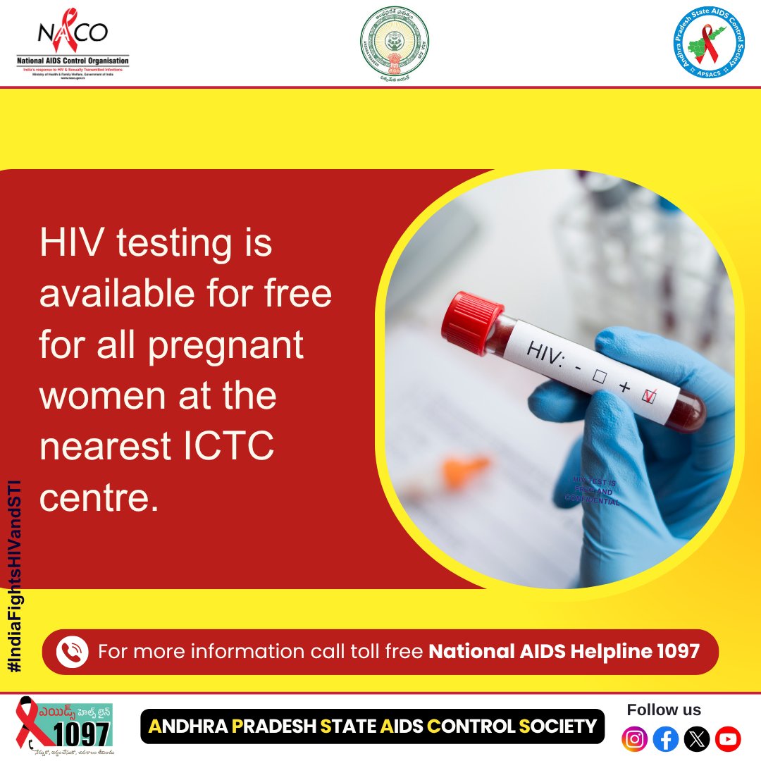 APSACS2020's tweet image. 🤰 Free HIV Testing for All Pregnant Women!
Protect yourself and your baby—get tested for HIV at the nearest ICTC center.
#IndiaFightsHIVandSTI #HIVTesting #FreeHIVTest #PrenatalCare #HealthyPregnancy #ICTC #KnowYourStatus #MotherAndChildHealth #StayProtected #EndAIDS #GetTested