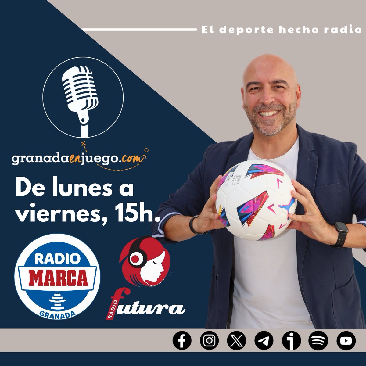 GranadaEnJuego.com (@granadaenjuego) on Twitter photo 📅 Viernes
¡No te pierdas nuestro programa!
⚽️ Actualidad del <a href="/GranadaCF/">Granada CF ❤️⚪️</a>
🎤 Tiempo de opinión
🗣 Isma Ruiz, jugador <a href="/CordobaCF_ofi/">Córdoba CF</a>
🎙 Emilio García, entrenador <a href="/AtcoMonachil/">Atletico Monachil</a>
🎙 Francis Cortacero, presidente <a href="/RCDEAlbolote/">RCD Espanyol de Barcelona Escuela Granada</a>
⚽️ Gala Clausura <a href="/efaelsoto/">EFA El Soto</a>
#GranadaEnJuego 📅 Viernes
¡No te pierdas nuestro programa!
⚽️ Actualidad del <a href="/GranadaCF/">Granada CF ❤️⚪️</a>
🎤 Tiempo de opinión
🗣 Isma Ruiz, jugador <a href="/CordobaCF_ofi/">Córdoba CF</a>
🎙 Emilio García, entrenador <a href="/AtcoMonachil/">Atletico Monachil</a>
🎙 Francis Cortacero, presidente <a href="/RCDEAlbolote/">RCD Espanyol de Barcelona Escuela Granada</a>
⚽️ Gala Clausura <a href="/efaelsoto/">EFA El Soto</a>
#GranadaEnJuego