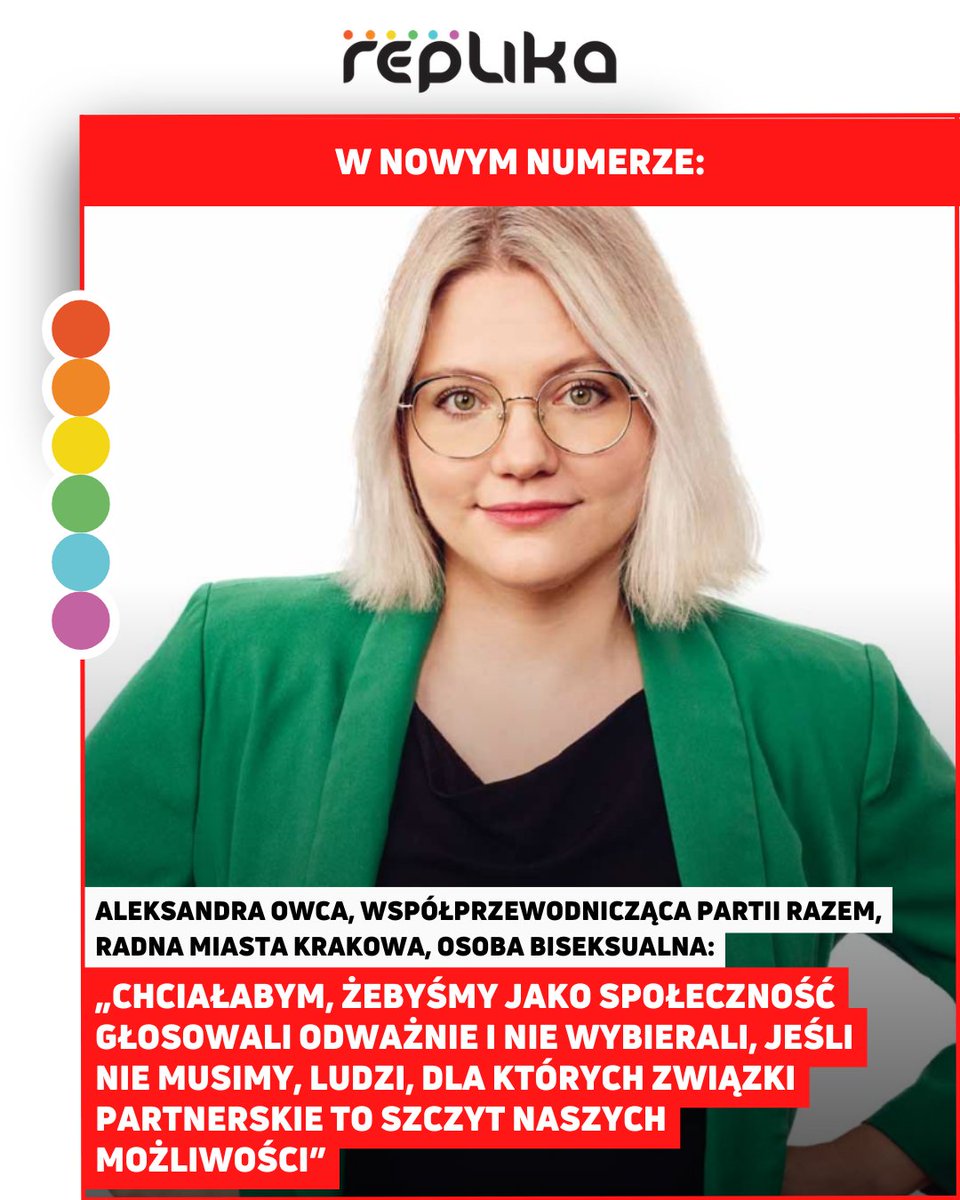 Współprzewodnicząca <a href="/partiarazem/">Razem</a>, biseksualna <a href="/owca_ola/">Aleksandra Owca</a> w 115. numerze magazynu #lgbtqia „REPLIKA": 
👉 „Czy to, że jestem bi, wpływa na to, że bardziej stawiam się jako jakaś, jak pan mówi: „tarcza dla innych LGBT-ów”? Być może. "

Cały wywiad: 
‼ replika-online.pl/kup-replike/ ‼