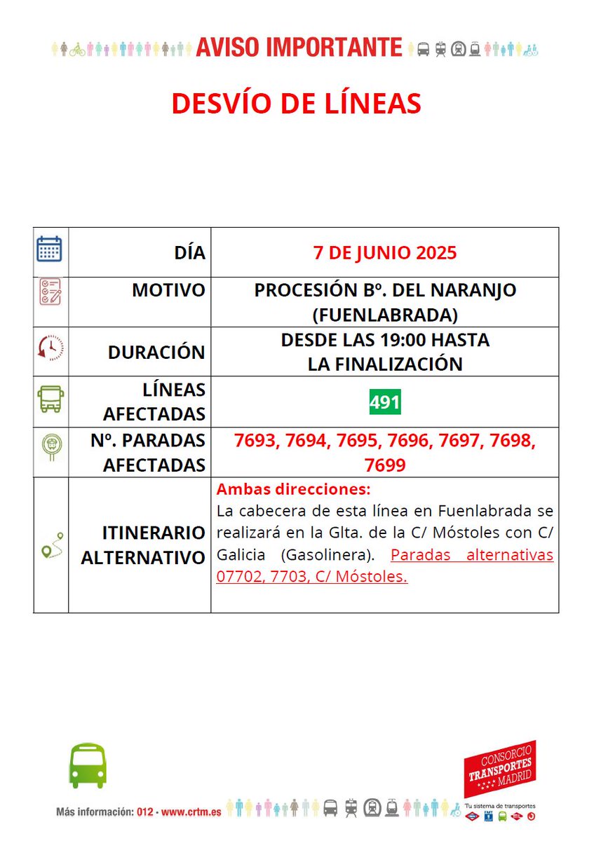 ⚠️ AVISO IMPORTANTE ⚠️

Desvíos en la línea 491 por Procesión Barrio del Naranjo (Fuenlabrada).

🗓️ 7 de junio
🕗 Desde las 19:00 hasta la finalización.

Disculpen las molestias.
