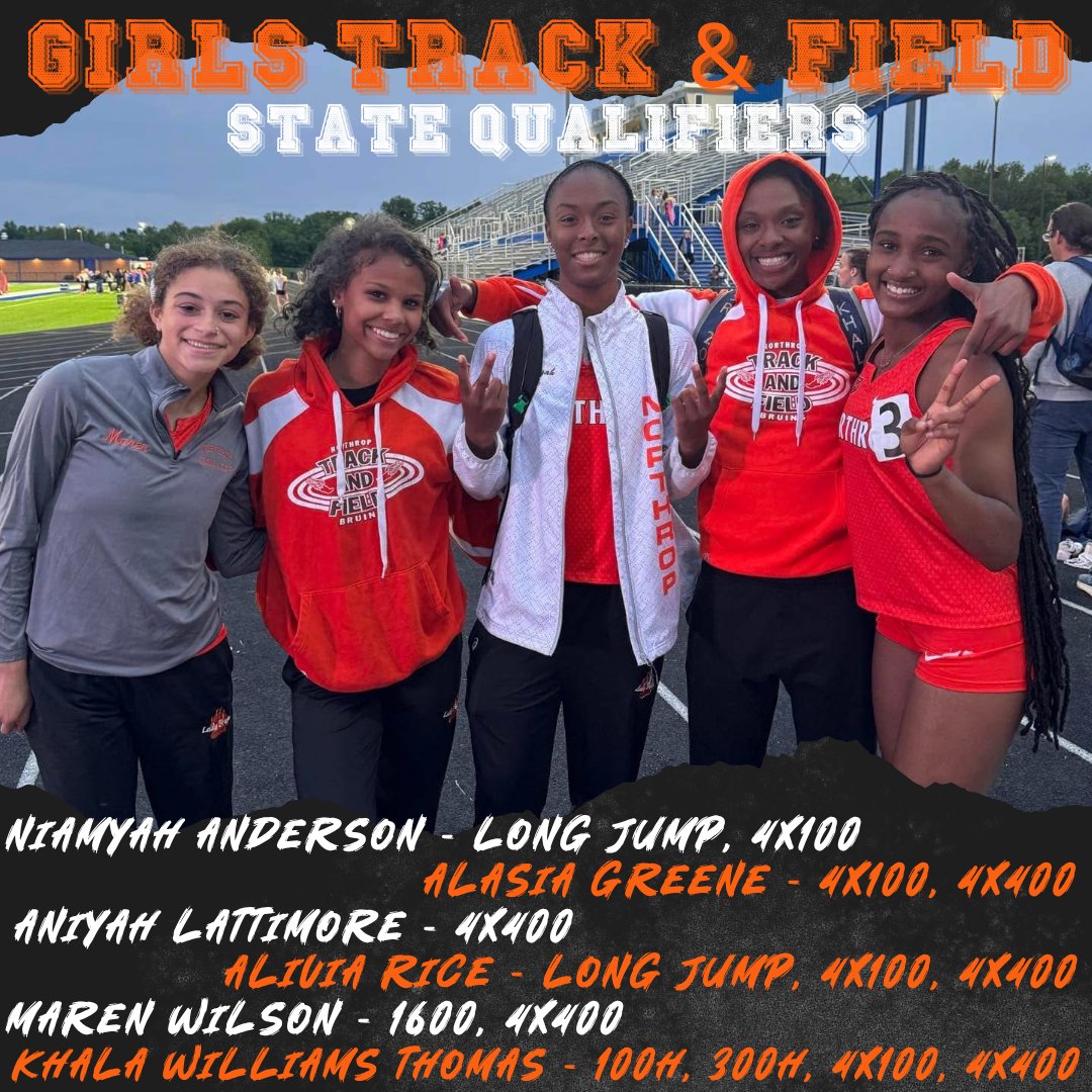 GOOD LUCK Lady Bruin Athletes competing at State!

Niamyah Anderson
Alasia Greene
Aniyah Lattimore
Alivia Rice
Maren Wilson
Khala Williams-Thomas

IHSAA State Track &amp; Field
North Central HS - Indianapolis
3:00 Long Jump
5:00 Running Trials

Tickets $15: public.eventlink.com/tickets?t=1302…