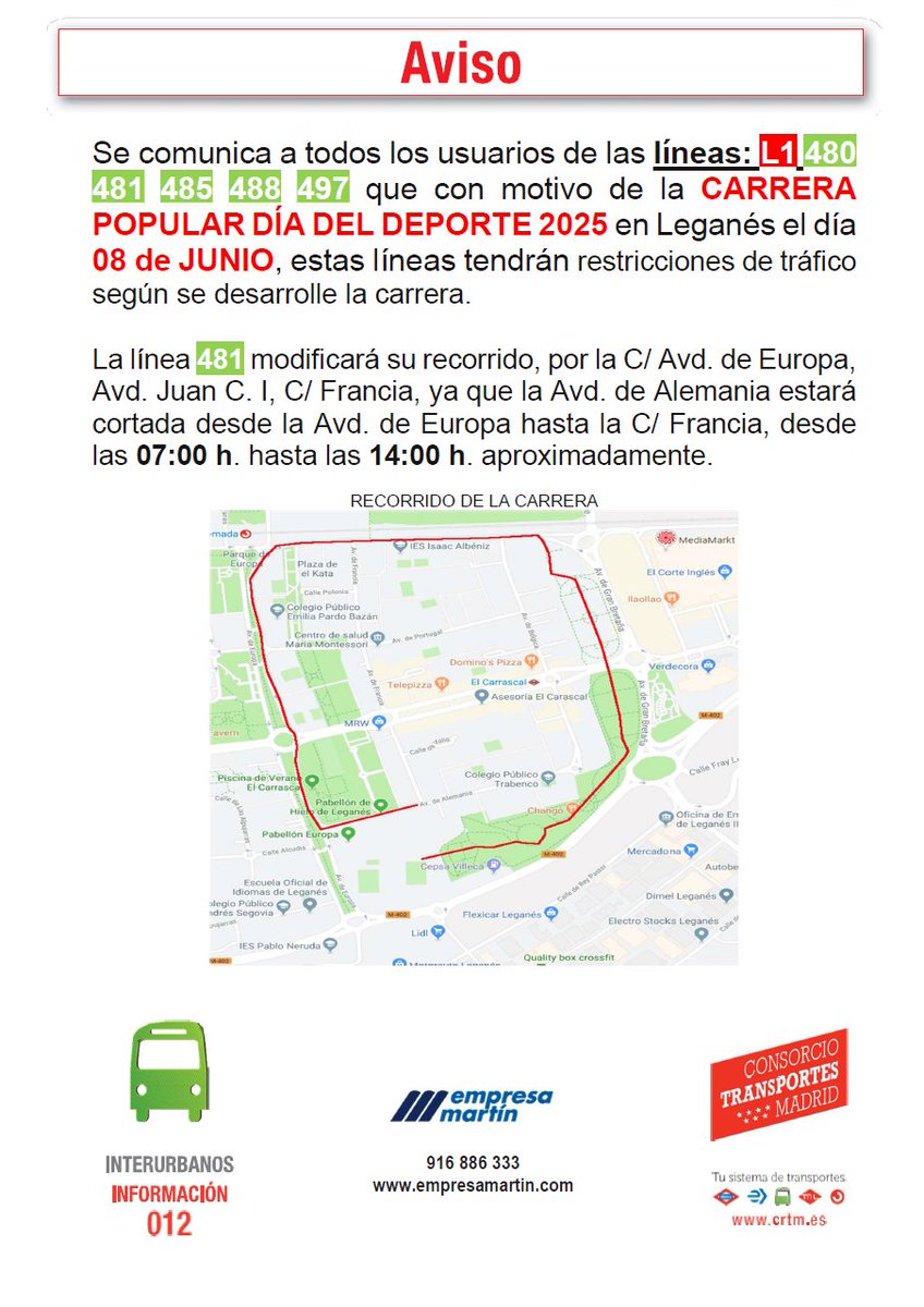 ⚠️ AVISO IMPORTANTE ⚠️

Desvíos en las líneas L1, 480, 481, 485, 488 y 497 por Carrera popular del Día del Deporte 2025.

🗓️ 8 de junio
🕗 Desde las 07:00 hasta las 14:00.

Disculpen las molestias.