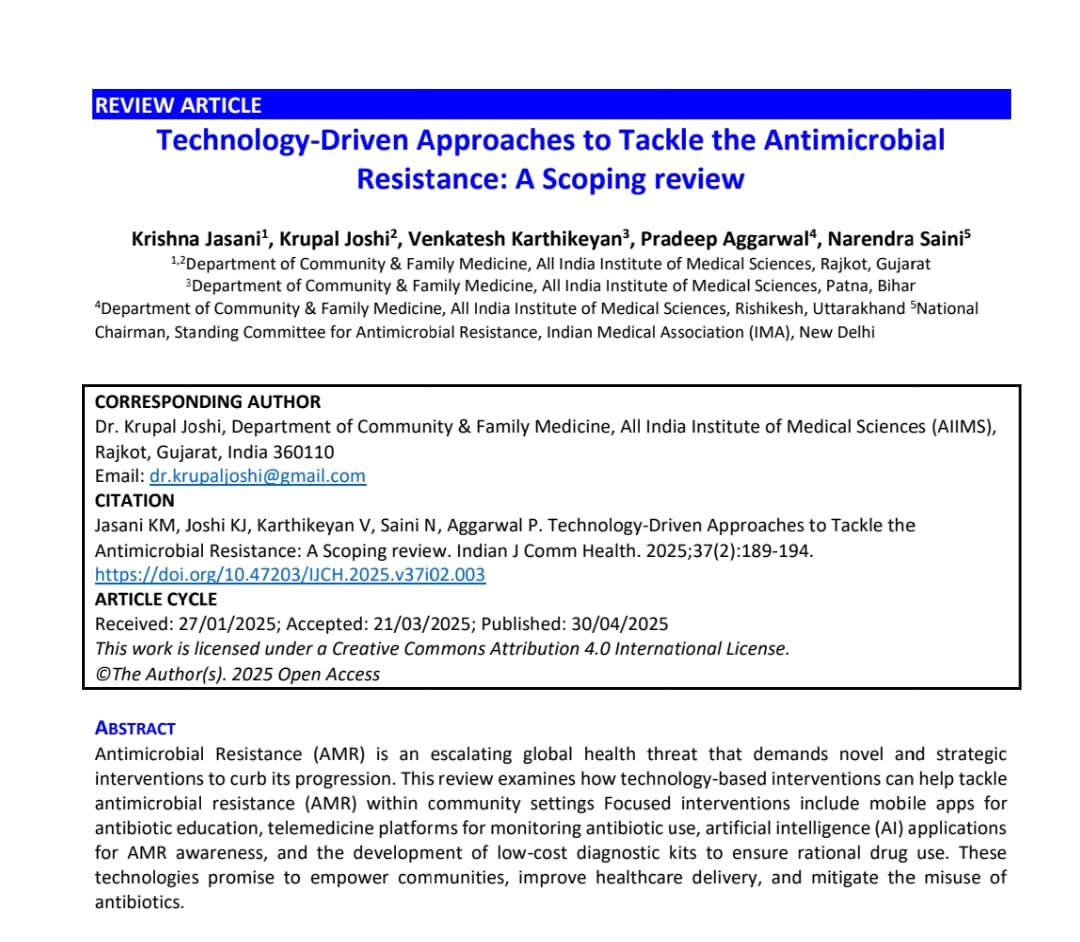 Our recent publication titled "Technology-Driven Approaches to Tackle the Antimicrobial Resistance: A Scoping review", published in the Indian Journal of Community Health.

Link : researchgate.net/publication/39…

#amr #waaw #antimicrobialresistance #antibiotics