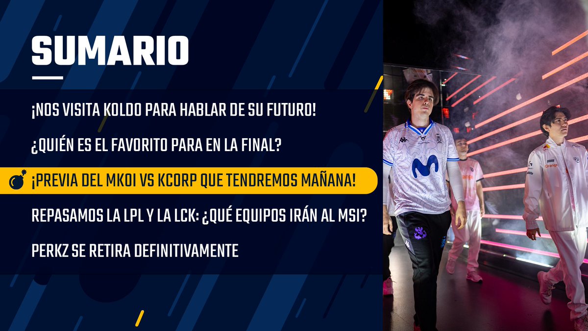 ESPORTMANÍACOS (@esportmaniacos) on Twitter photo 🔥Se acaba la semana pero nosotros tenemos programa CALENTITO
Nos visita <a href="/Koldo_LoL/">Koldo</a>, hablaremos del MKOI vs KCORP y debatiremos sobre si G2 es FAVORITO para la final de la #LEC
¡A las 15h en nuestro canal! 👇
<a href="/NKharasu/">Kharasu</a>
<a href="/ToadAmarillo/">LYON Toad</a>
<a href="/mfreak00/">성진우 | MindFreak 🇰🇷</a>
<a href="/Buckstrike/">Buckstrike</a> 🔥Se acaba la semana pero nosotros tenemos programa CALENTITO
Nos visita <a href="/Koldo_LoL/">Koldo</a>, hablaremos del MKOI vs KCORP y debatiremos sobre si G2 es FAVORITO para la final de la #LEC
¡A las 15h en nuestro canal! 👇
<a href="/NKharasu/">Kharasu</a>
<a href="/ToadAmarillo/">LYON Toad</a>
<a href="/mfreak00/">성진우 | MindFreak 🇰🇷</a>
<a href="/Buckstrike/">Buckstrike</a>