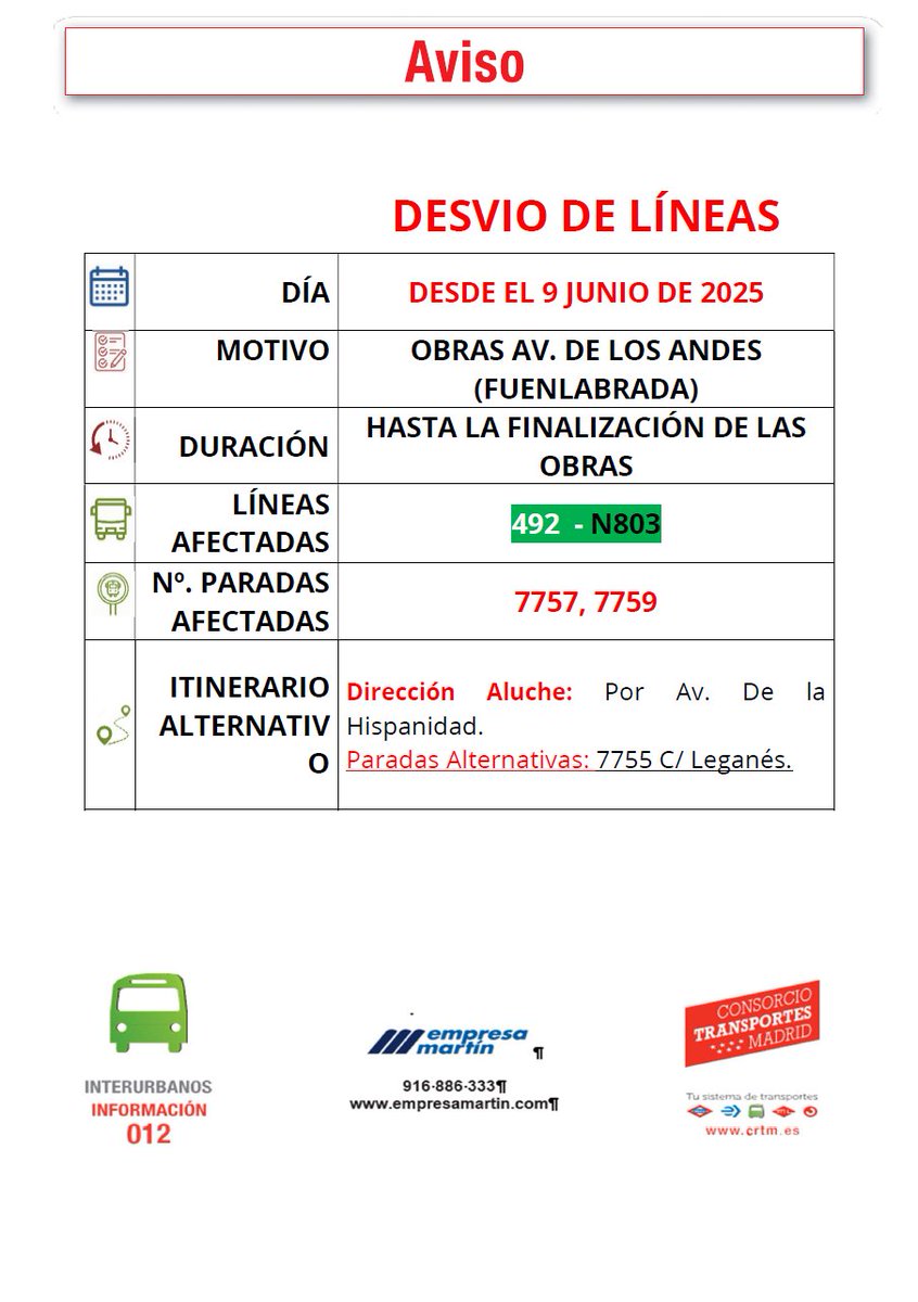 ⚠️ AVISO IMPORTANTE ⚠️

Desvíos en las líneas 492 y N803 por obras en la Av. de los Andes.

🗓️ Desde el 9 de junio

Disculpen las molestias.