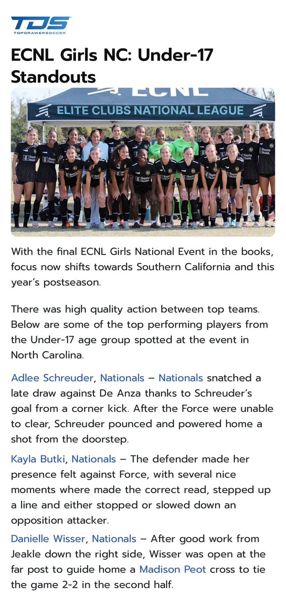Lily Jeakle: 🎓 2027 ⚽️ ST/CAM/OB (@lilyjeakle10) on Twitter photo Thank you <a href="/TopDrawerSoccer/">TopDrawerSoccer</a> for the write up about our <a href="/NationalsGA/">Nationals Girls Academy</a> U17 Standouts during the <a href="/ECNLgirls/">ECNL Girls</a> NC showcase. The event was so much fun. Looking forward to playoffs! #ECNLNC
<a href="/avala2026/">Ava Landstra : 2026 : CDM/CB</a> <a href="/MaddiePeot2026/">Maddie Peot : 2026 : CM/AM/W #8</a> <a href="/ButkiKayla/">Kayla Butki Soccer</a> Adlee Schreuder Dani Wisser <a href="/travismclark/">Travis Clark</a> <a href="/VicOlorunfemi10/">Victor Olorunfemi</a> Thank you <a href="/TopDrawerSoccer/">TopDrawerSoccer</a> for the write up about our <a href="/NationalsGA/">Nationals Girls Academy</a> U17 Standouts during the <a href="/ECNLgirls/">ECNL Girls</a> NC showcase. The event was so much fun. Looking forward to playoffs! #ECNLNC
<a href="/avala2026/">Ava Landstra : 2026 : CDM/CB</a> <a href="/MaddiePeot2026/">Maddie Peot : 2026 : CM/AM/W #8</a> <a href="/ButkiKayla/">Kayla Butki Soccer</a> Adlee Schreuder Dani Wisser <a href="/travismclark/">Travis Clark</a> <a href="/VicOlorunfemi10/">Victor Olorunfemi</a>