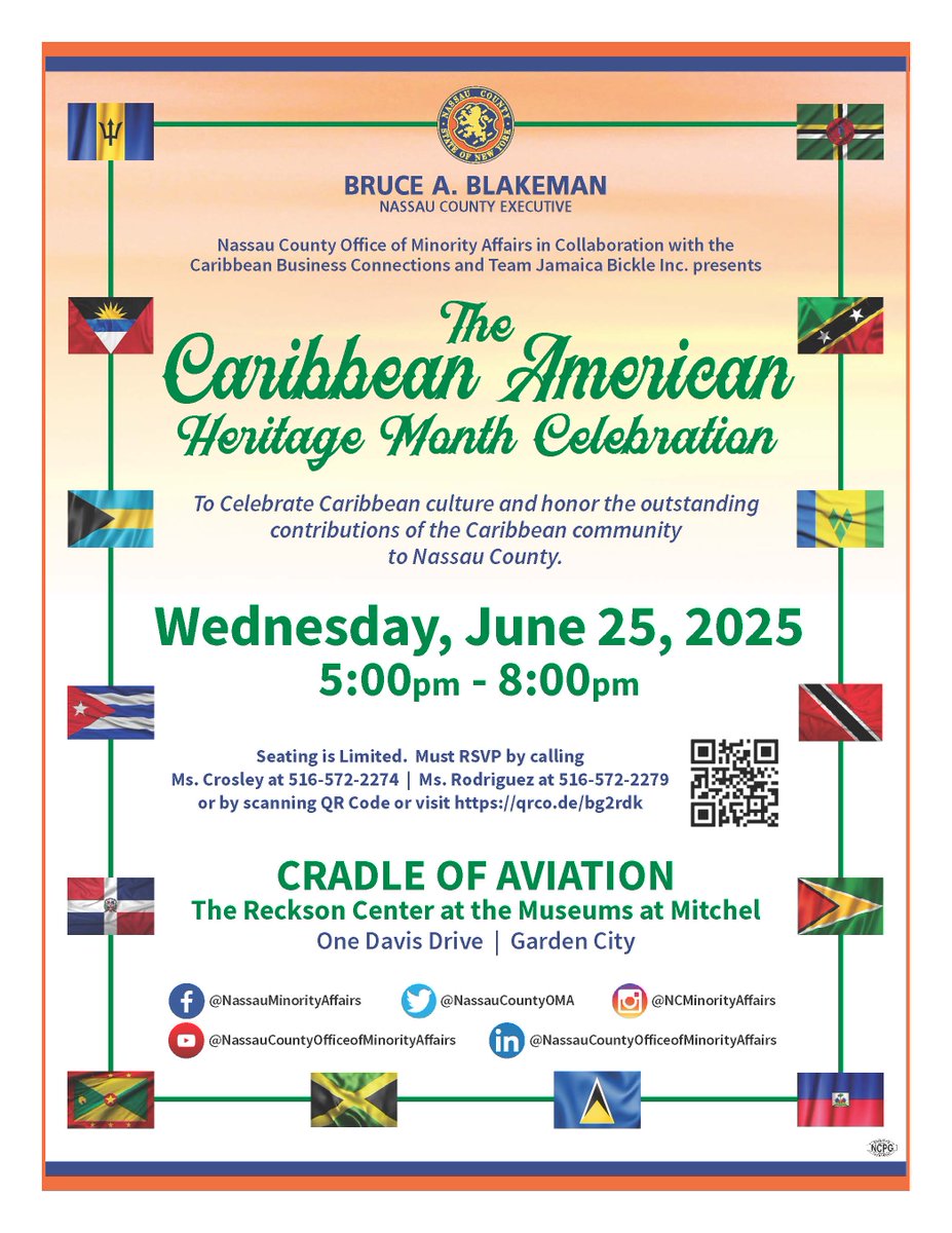 June is Caribbean-American Heritage Month, and the Office of Minority Affairs is collaborating with Caribbean Business Connections &amp; Team Jamaica Bickle Inc. to celebrate!

WHEN: 🕘 5:00 PM, June 25 2025
WHERE: The Cradle of Aviation Museum

RSVP link: qrco.de/bg2rdk