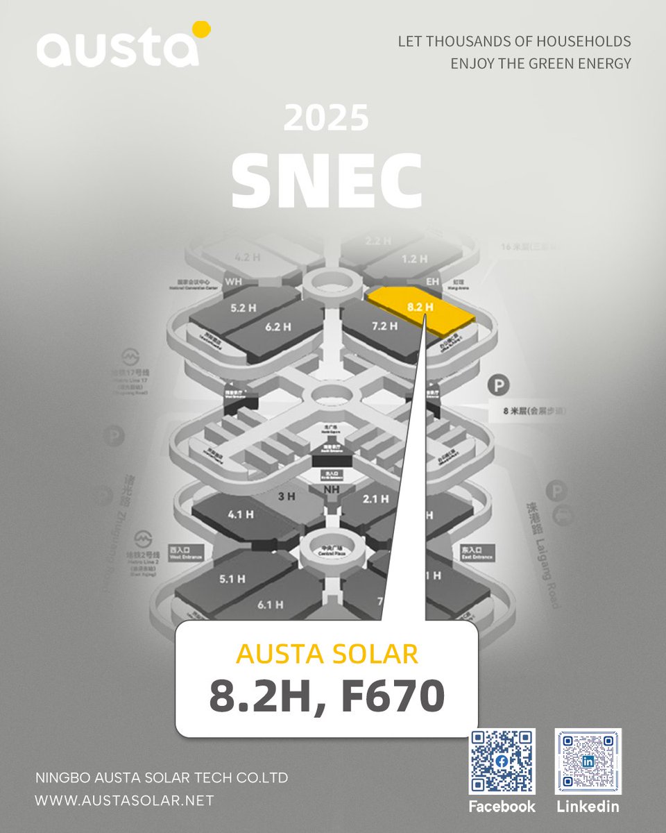 AustaSolar's tweet photo. 🚀 Austa at SNEC 2025! 🌞

Join us in Shanghai (June 11-13, NECC) to explore green energy innovations!

📍 Booth 8.2H, F670
🔋 PV  Storage Solutions
🎤 Live events &amp; product launches
Let’s power thousands of households sustainably!
#SNEC2025 #GreenEnergy #AustaSolar https://t.co/6mQrXNO8S2