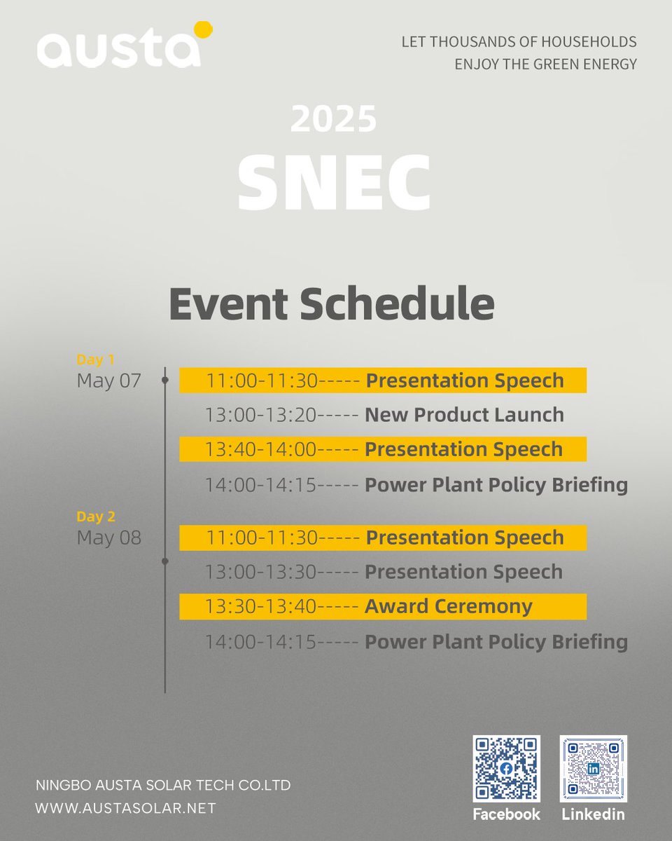 AustaSolar's tweet photo. 🚀 Austa at SNEC 2025! 🌞

Join us in Shanghai (June 11-13, NECC) to explore green energy innovations!

📍 Booth 8.2H, F670
🔋 PV  Storage Solutions
🎤 Live events &amp; product launches
Let’s power thousands of households sustainably!
#SNEC2025 #GreenEnergy #AustaSolar https://t.co/6mQrXNO8S2
