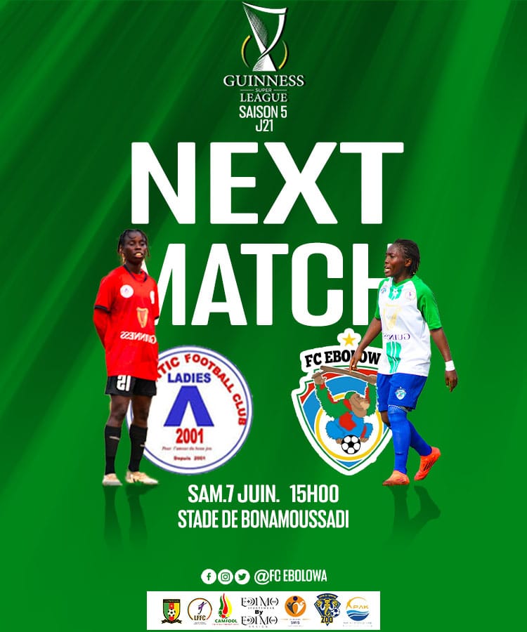 #NEXTMATCH
<a href="/FCEbolowa/">FC Ebolowa</a>  🆚 #AuthenticLadies  #Bonamoussadi 🏟️ à #Douala samedi pour la J21 <a href="/GSuper_League/">Guinness Super League</a>

#WeAreBeNgonYâEbolowoo💚💙
#Champion🇨🇲🏆🥇
#ChampionneHonorifiqueGSL5
#NextMatch 
#AFCFCE #GSL5  #MD21 
<a href="/PortOfKribi/">Port Autonome de Kribi</a>
<a href="/edimosports/">EDIMO Sports</a>
 <a href="/Camfool_/">Camfool Association</a>
#ASMIS
#EnsembleEcrivonslHistoire