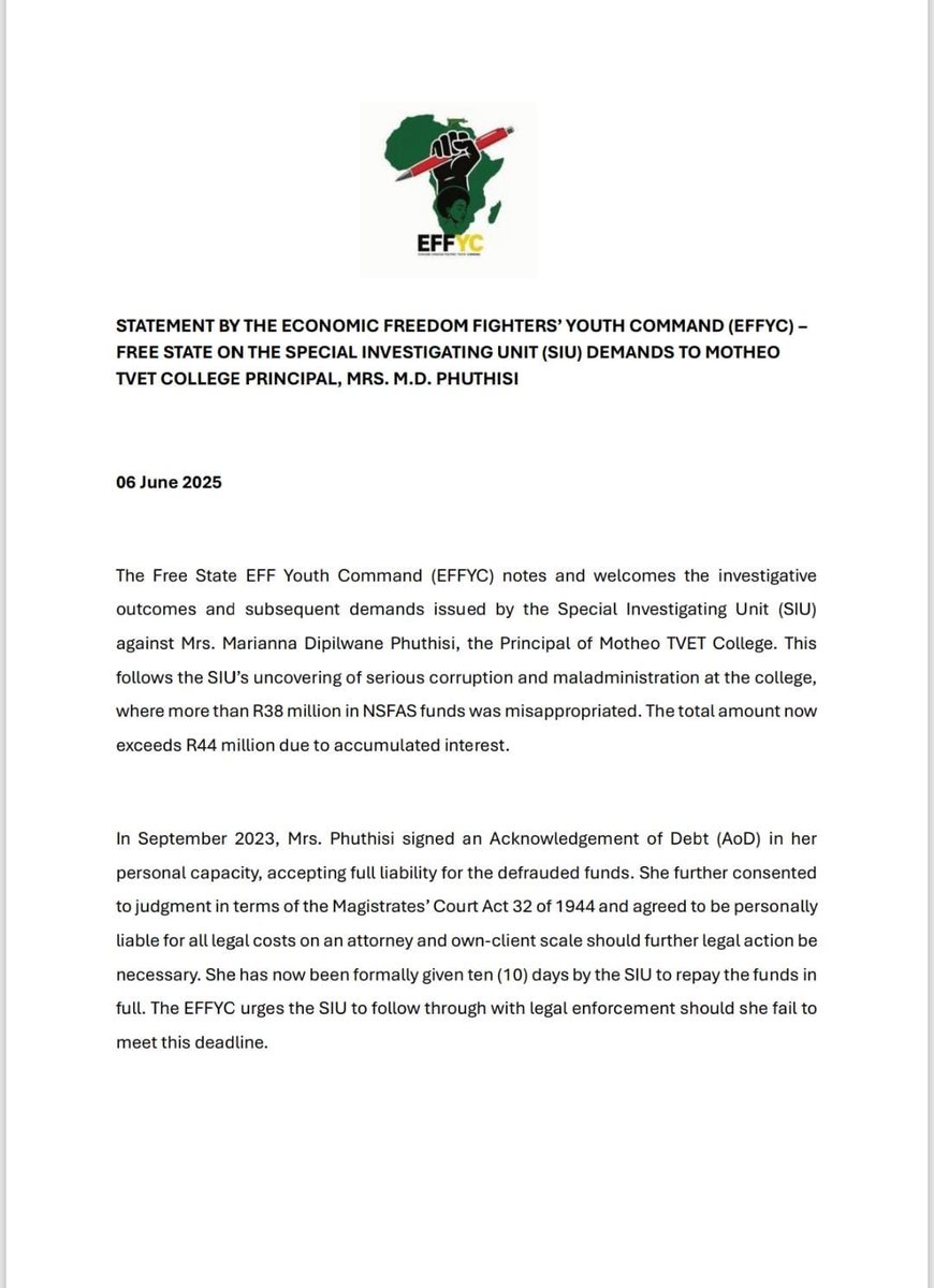 Effsc_Fs's tweet photo. ♦️EFF Statement on Motheo TVET College Corruption♦️ https://t.co/WvKaMNBGWL