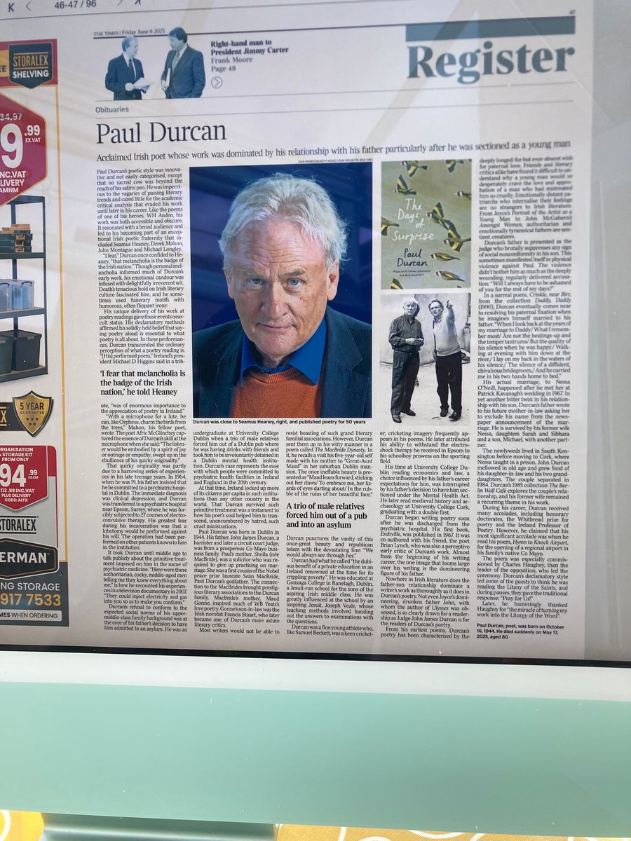 IanCallaway352's tweet photo. The Times obituary of #PaulDurcan. https://t.co/seBbxKVA4U