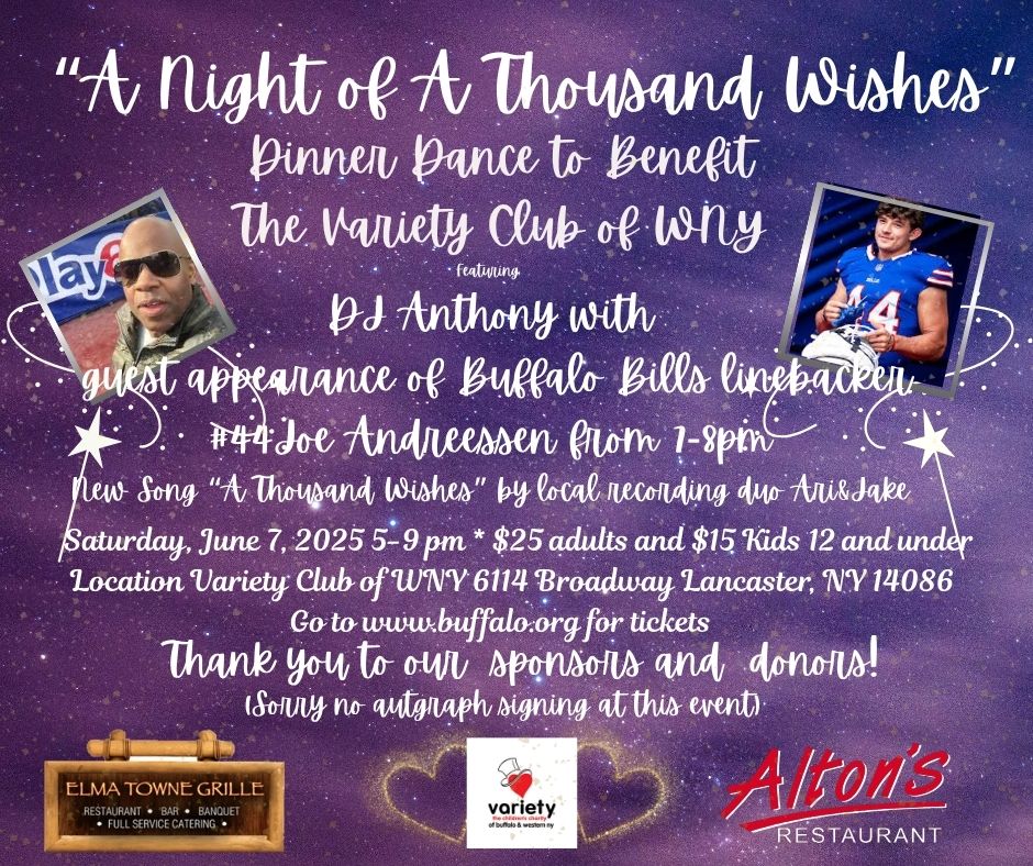Join us THIS Saturday for a magical evening of Dinner &amp; Dancing, as we celebrate “A Night of A Thousand Wishes” featuring DJ Anthony AND a special appearance from #44 "Buffalo Joe" Andreessen taking place @ Variety in Lancaster from 5pm-9pm.
Learn more: bit.ly/3YdaD6u