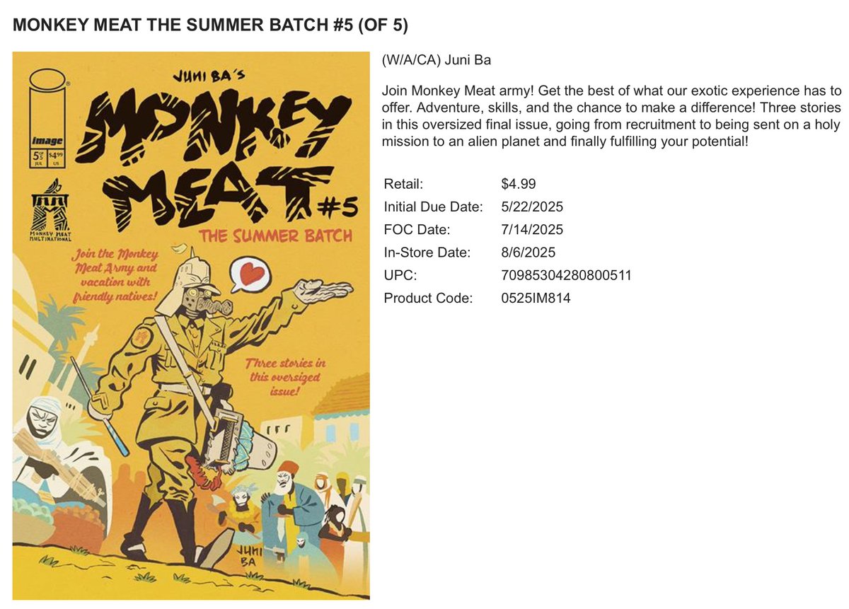Whoopsie solved! Heres the solicit for Monkey Meat Summer Batch 5 about the best exotic trip organizer: the army! Spread the word around, tell your shop. You know the drill