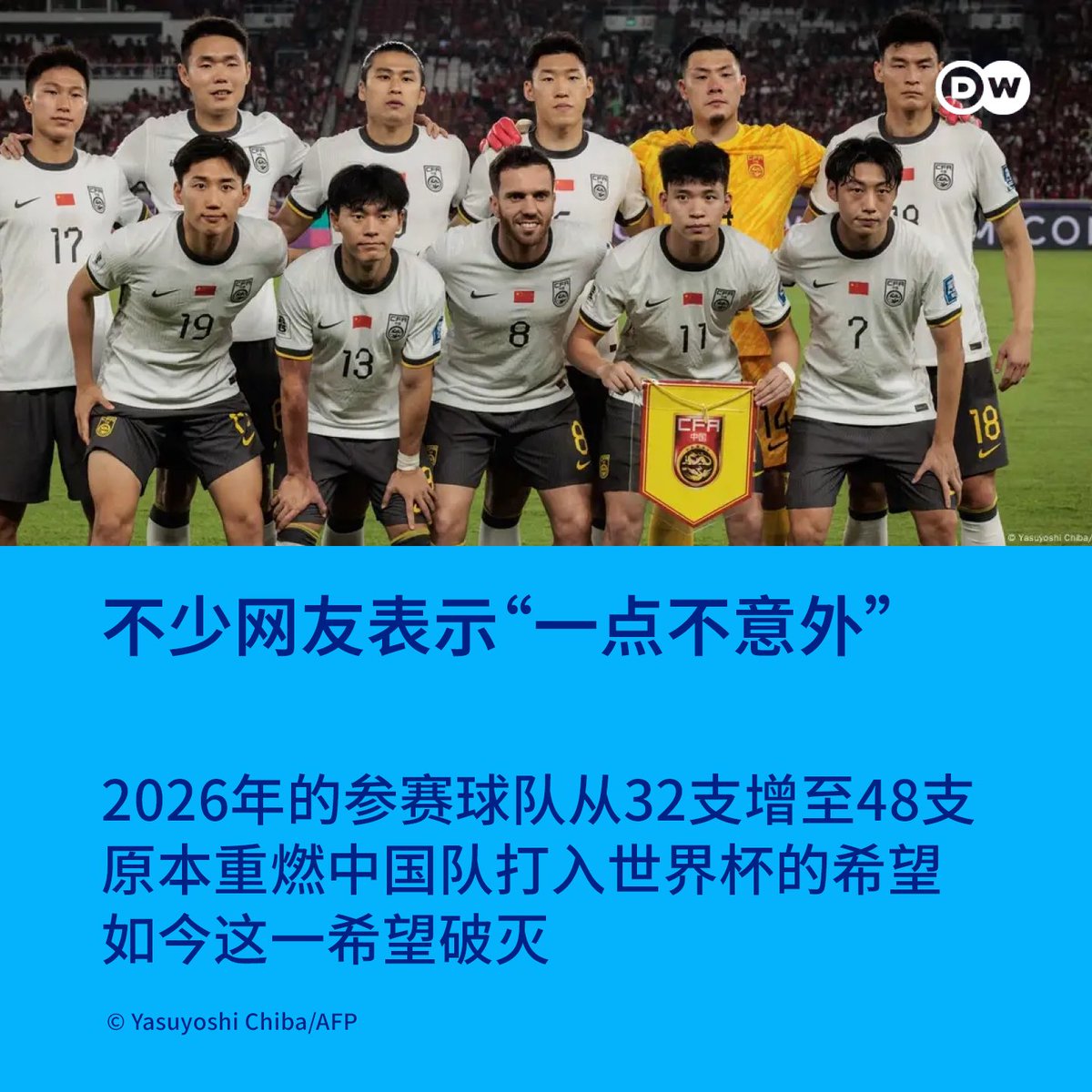 梦碎！中国男足继续无缘世界杯

中国男足周四晚在雅加达不敌印尼队，在世界杯亚洲区预选赛提前一轮出局，无缘2026年美加墨世界杯。这是中国男足自2002年日韩世界杯以来连续第六次冲击世界杯无果。

2026年世界杯的参赛球队从32支增至48支，这原本重燃了中国队打入世界杯的希望。如今这一希望破灭。