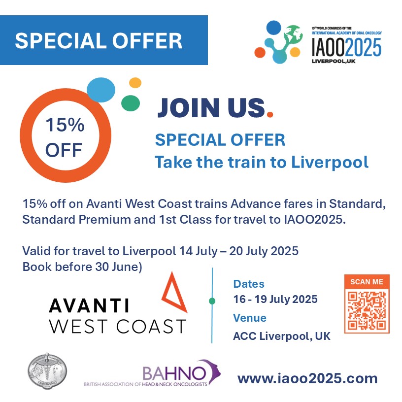 International Academy of Oral Oncology (@iaoo2025) on Twitter photo 📢 #IAOO205 Special Offer
Benefit from discounted travel to and from Liverpool on Avanti West Coast trains with 15% off Advance fares.
Book by 30 June. Travel any time 14-20 July.
avantiwestcoast.co.uk/iaoo-2025
<a href="/AvantiWestCoast/">Avanti West Coast</a> <a href="/BAOMSOfficial/">BAOMS</a> <a href="/BAHNOOfficial/">BAHNO Head & Neck</a> 📢 #IAOO205 Special Offer
Benefit from discounted travel to and from Liverpool on Avanti West Coast trains with 15% off Advance fares.
Book by 30 June. Travel any time 14-20 July.
avantiwestcoast.co.uk/iaoo-2025
<a href="/AvantiWestCoast/">Avanti West Coast</a> <a href="/BAOMSOfficial/">BAOMS</a> <a href="/BAHNOOfficial/">BAHNO Head & Neck</a>
