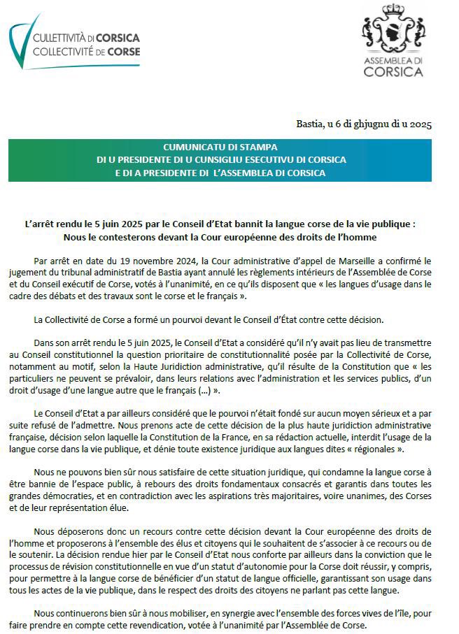 L'arrêt rendu le 5 juin 2025 par le Conseil d'Etat bannit la langue corse de la vie publique : Nous le contesterons devant la Cour européenne des droits de l'homme