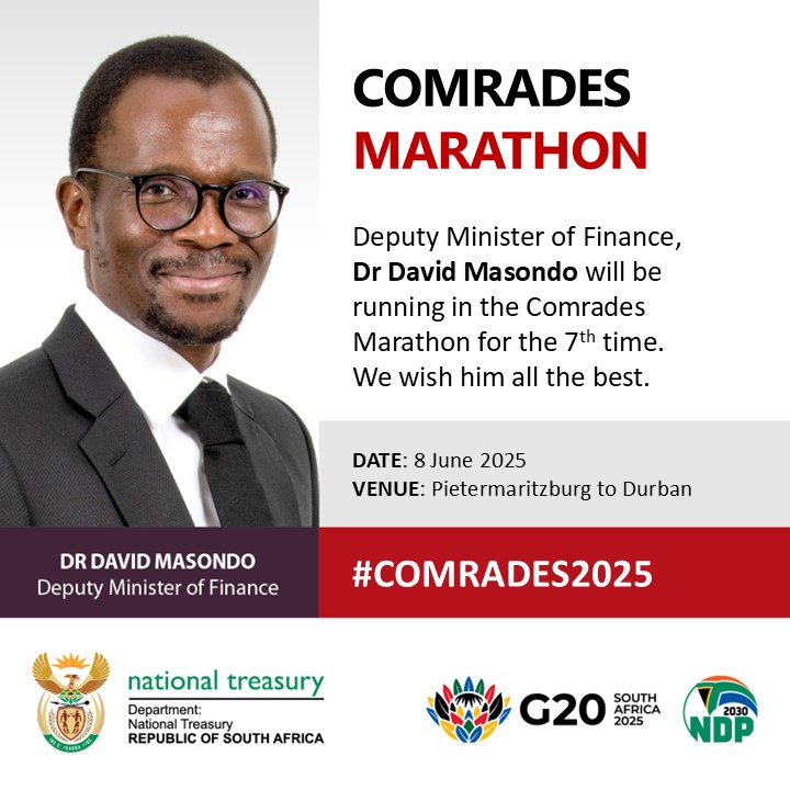 National Treasury RSA (@treasury_rsa) on Twitter photo Deputy Minister of Finance, <a href="/DrDavidMasondo/">David Masondo, PhD</a>
will be running in his 7th Comrades Marathon.
We wish him all the best.
#ComradesMarathon2025 Deputy Minister of Finance, <a href="/DrDavidMasondo/">David Masondo, PhD</a>
will be running in his 7th Comrades Marathon.
We wish him all the best.
#ComradesMarathon2025