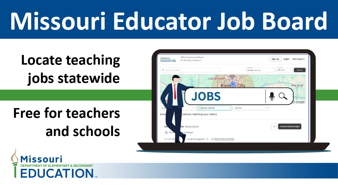 DESE is excited to introduce the first-ever Missouri Educator Job Board! An interested candidate looking for a teaching job may search by type of teaching position, by location of school, and even by type of school anywhere in the state. Check it out: app.hirenimble.com/connect/missou….