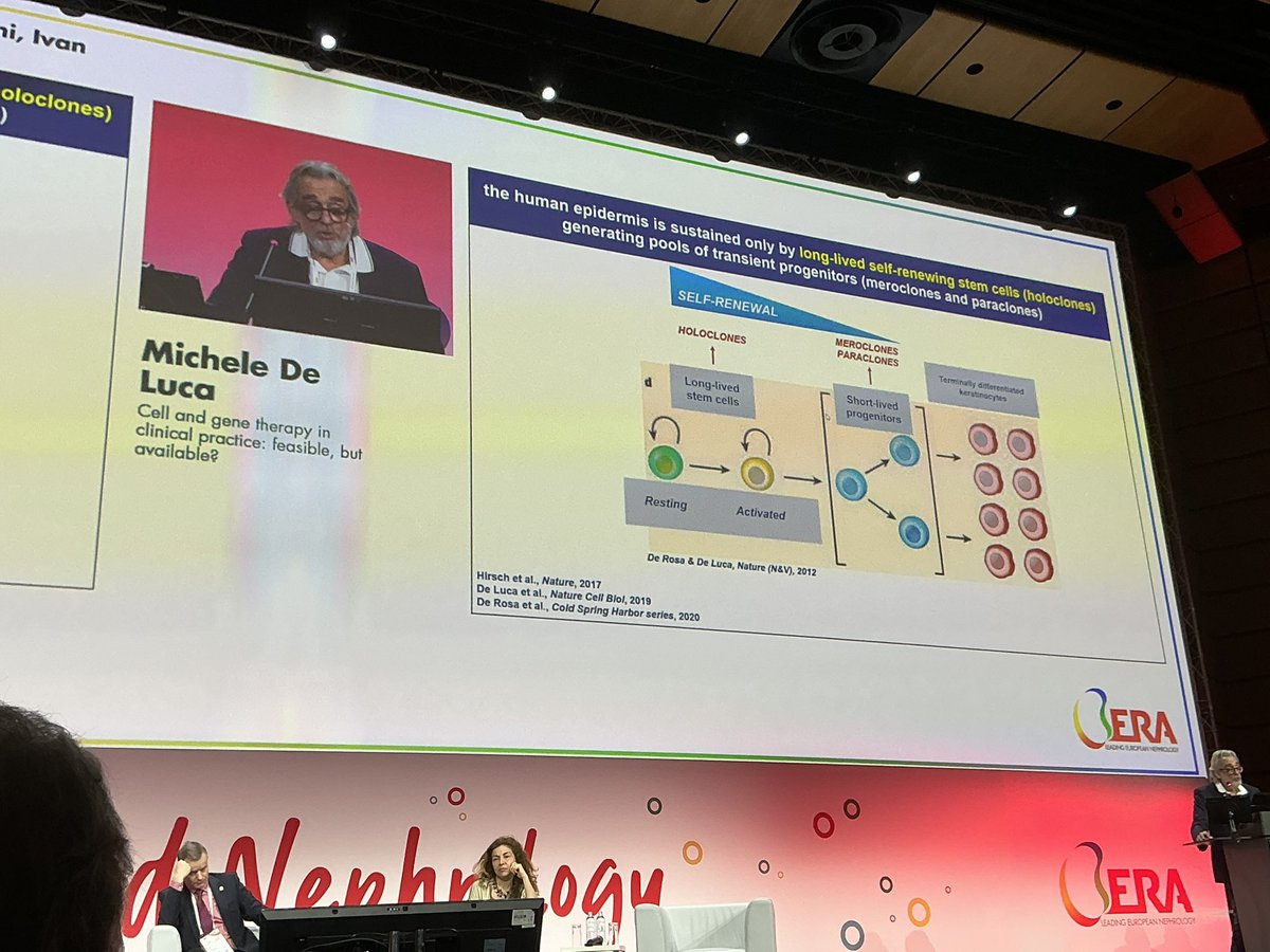 Carlo Alfieri (@carlo_alfieri) on Twitter photo Fascinating plenary at #ERA2025 by Michele De Luca on gene & cell therapy.
🧬 Self-renewing long-lived epidermal stem cells (holoclones) are key players.
Feasibility? Yes.
Availability? Not yet widespread.
#StemCells #GeneTherapy #RegenerativeMedicine Fascinating plenary at #ERA2025 by Michele De Luca on gene & cell therapy.
🧬 Self-renewing long-lived epidermal stem cells (holoclones) are key players.
Feasibility? Yes.
Availability? Not yet widespread.
#StemCells #GeneTherapy #RegenerativeMedicine