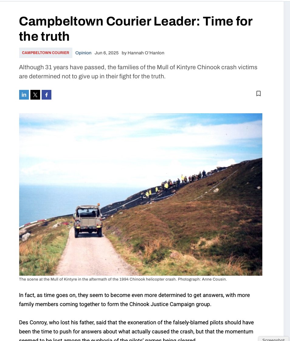 Latest coverage, and an important one for us, as it's the local paper where the crash happened in 1994. For Instance they know it wasn't thick fog at the time, as the MoD has claimed ever since... read more here:

westcoasttoday.co.uk/all-content-wc…

And we value their opinion too