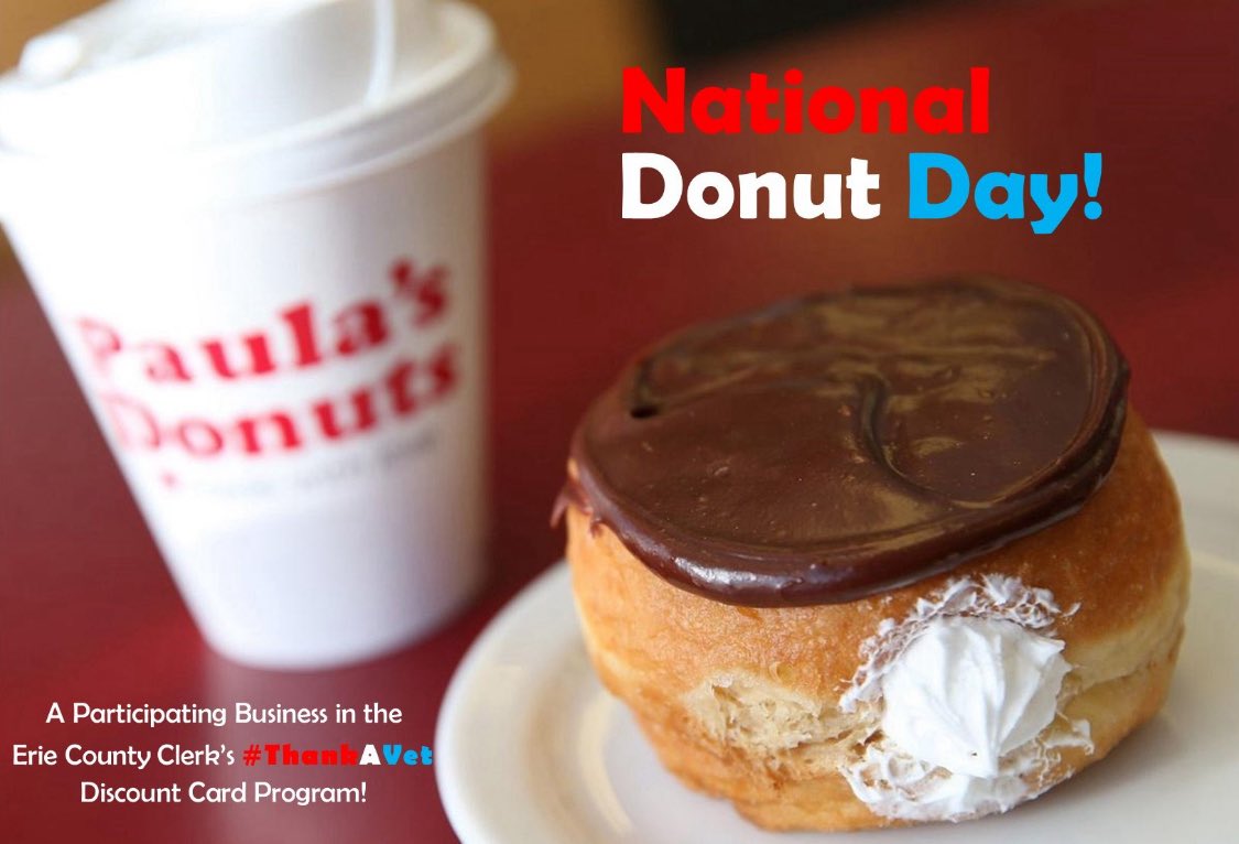 Erie County Clerk Mickey Kearns (@eriecountyclerk) on Twitter photo It's National Doughnut Day!🍩
This tasty event was originally established in 1938 by <a href="/salvationarmy/">The Salvation Army</a> Donut Lassies served donuts to their members & soldiers during #WWI.
Celebrate with Paula's Donuts, a participating business in the Clerk's #ThankAvet Discount Program! 🇺🇸 It's National Doughnut Day!🍩
This tasty event was originally established in 1938 by <a href="/salvationarmy/">The Salvation Army</a> Donut Lassies served donuts to their members & soldiers during #WWI.
Celebrate with Paula's Donuts, a participating business in the Clerk's #ThankAvet Discount Program! 🇺🇸