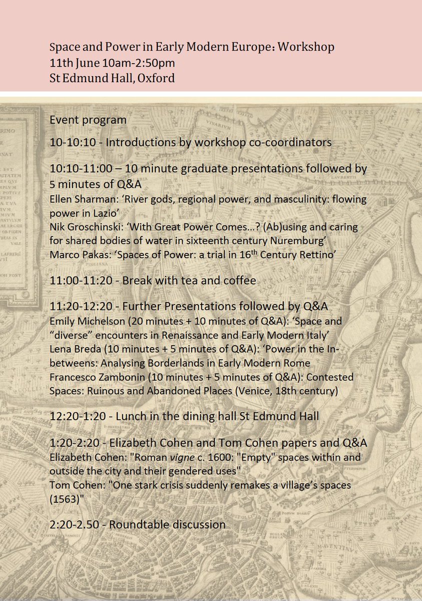 Early Modern Italian World @ Oxford (@italianhistox) on Twitter photo We're delighted to announce an exciting workshop which will be held on 11 June <a href="/StEdmundHall/">St Edmund Hall</a>:
"Space and Power in Early Modern Europe"
More information can be found on our website: italianhistory.web.ox.ac.uk/event/space-anā¦
Registration is required for this event: eventbrite.co.uk/e/space-and-po⦠We're delighted to announce an exciting workshop which will be held on 11 June <a href="/StEdmundHall/">St Edmund Hall</a>:
"Space and Power in Early Modern Europe"
More information can be found on our website: italianhistory.web.ox.ac.uk/event/space-anā¦
Registration is required for this event: eventbrite.co.uk/e/space-and-poā¦