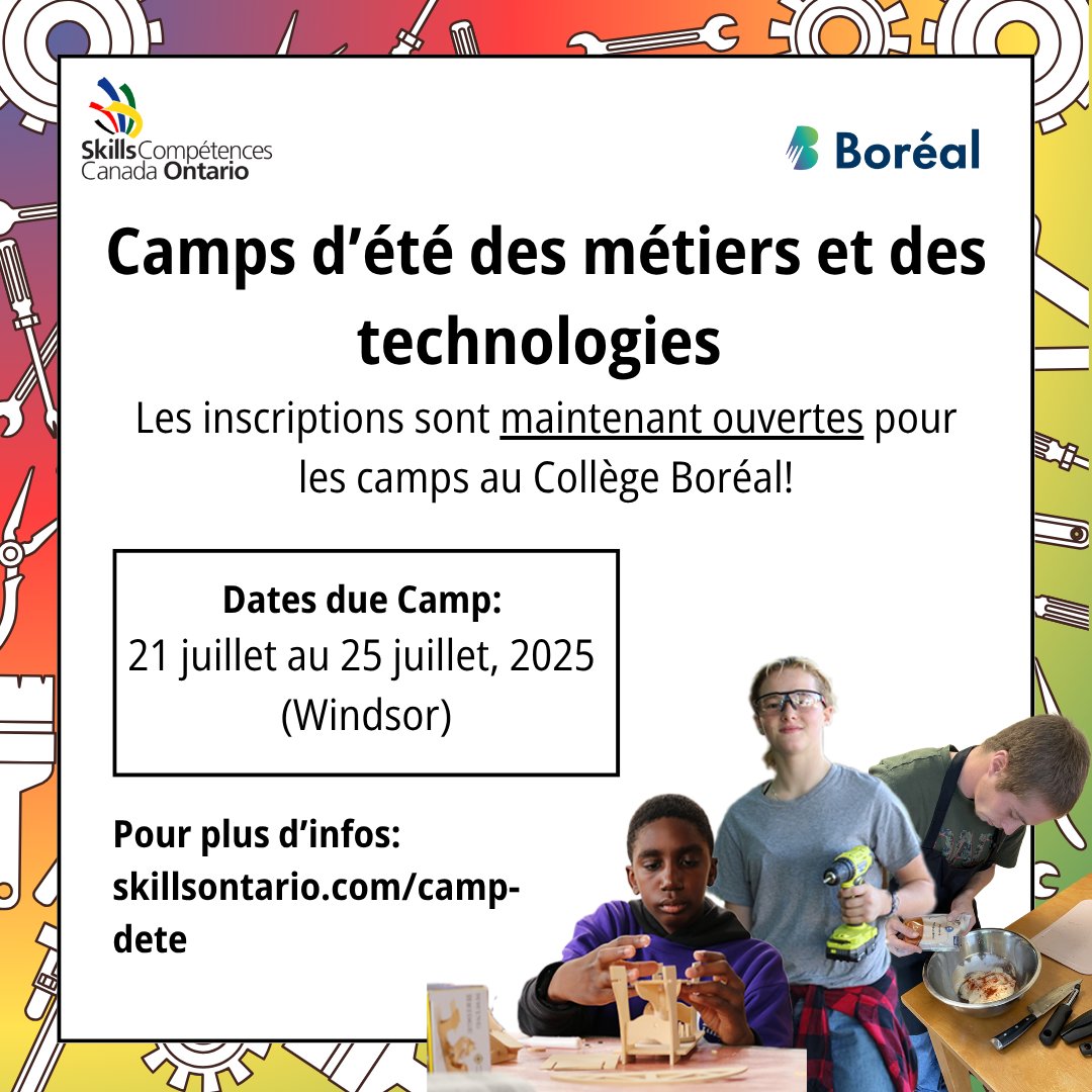 Les camps d’été des métiers spécialisés et des technologies, organisés par Compétences Ontario, offrent aux jeunes l’occasion d’explorer des carrières enrichissantes grâce à des activités immersives! 🚀🛠️☀️

Chaque semaine de camp se déroule du lundi au vendredi, de 9 h à 16 h.