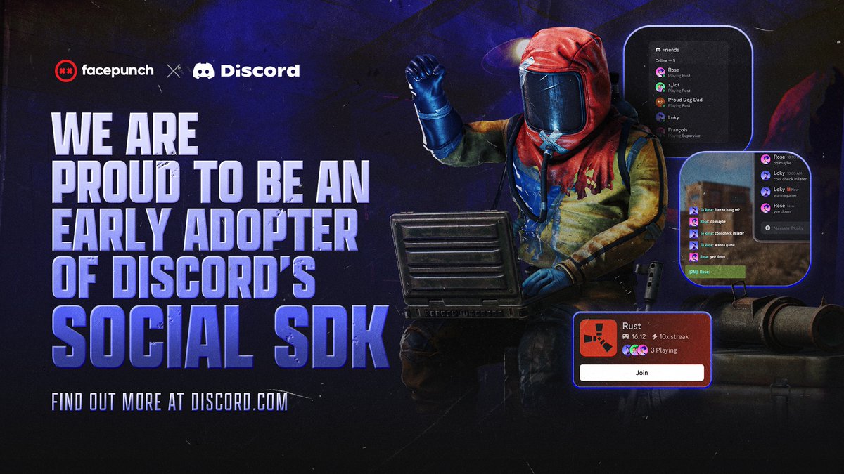 Earlier this year, Rust become one of the first games to implement Discord-powered social features in-game! 🖥️⌨️

We're very proud to have been involved from the beginning with early successes that enhance connectivity of our community.

Interested in the how and why?