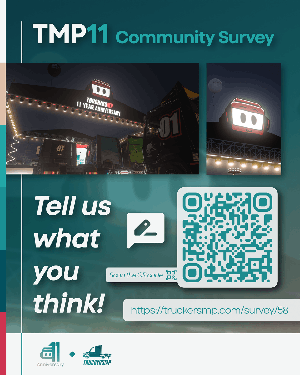 TruckersMP's tweet photo. Did you enjoy the #TMP11 events โ๏ธ
Now it is your time to shine and let us know your thoughts regarding our anniversary events โ๏ธ
โก๏ธ Link to the survey: https://t.co/ZjbPCzBtZj
#BestCommunityEver #SCSSoftware #ETS2 #ATS https://t.co/ouY4h85g7V