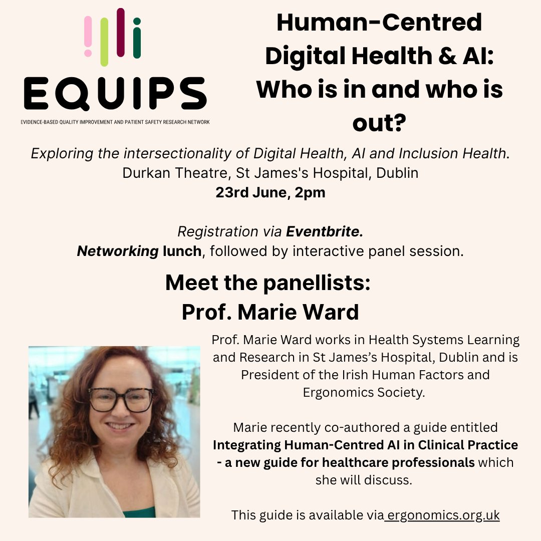 EQUIPS Research Network (@equipsirl) on Twitter photo #Digitalhealthcare and #AI: how can we ensure these are #humancentred? Find out more, and contribute to the conversation at our next event at 2pm on 23rd June 2025 <a href="/stjamesdublin/">St James's Hospital</a> - Final speaker details below. Register (hybrid) via: eventbrite.co.uk/e/135834404660… <a href="/PFPS_Ireland/">PatientsForPatientSafetyIreland</a> #Digitalhealthcare and #AI: how can we ensure these are #humancentred? Find out more, and contribute to the conversation at our next event at 2pm on 23rd June 2025 <a href="/stjamesdublin/">St James's Hospital</a> - Final speaker details below. Register (hybrid) via: eventbrite.co.uk/e/135834404660… <a href="/PFPS_Ireland/">PatientsForPatientSafetyIreland</a>