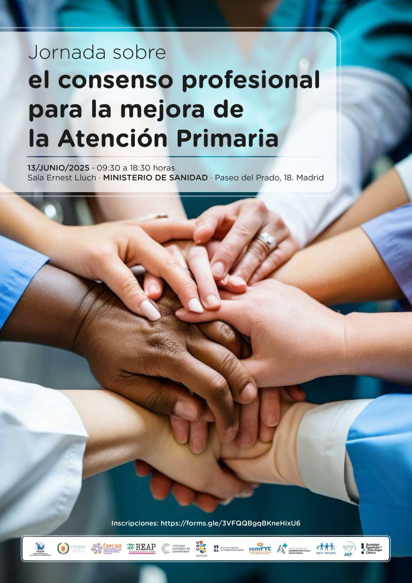 🩺Jornada profesional para impulsar un nuevo modelo de Atención Primaria basado en el consenso, el trabajo en equipo y la salud comunitaria.

🗓️13 de junio
⏰09:30 - 18:30
📍Ministerio de Sanidad

✍🏼Inscripción: forms.gle/yz5EuEvPMKFkuC…

📜Programa: fadsp.es/jornada-atenci…