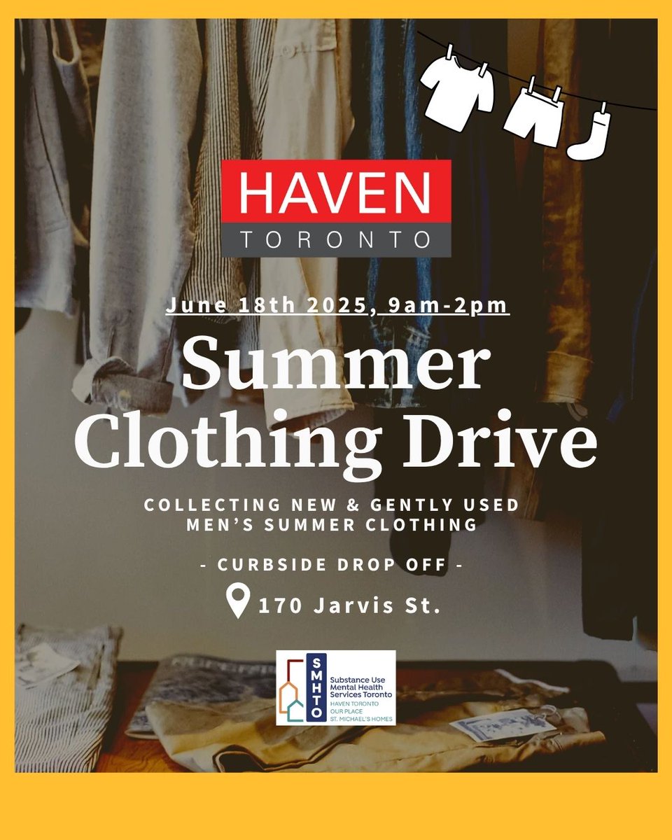 It’s that time of year again!
Haven Toronto’s Summer Clothing Drive
🗓️ June 18 (9am-2pm)| 
📍 Curbside Drop-Off

Donate gently used or new men’s clothing
💵 We’re also accepting money donations to buy essentials
Please share! #HavenToronto #GiveBack