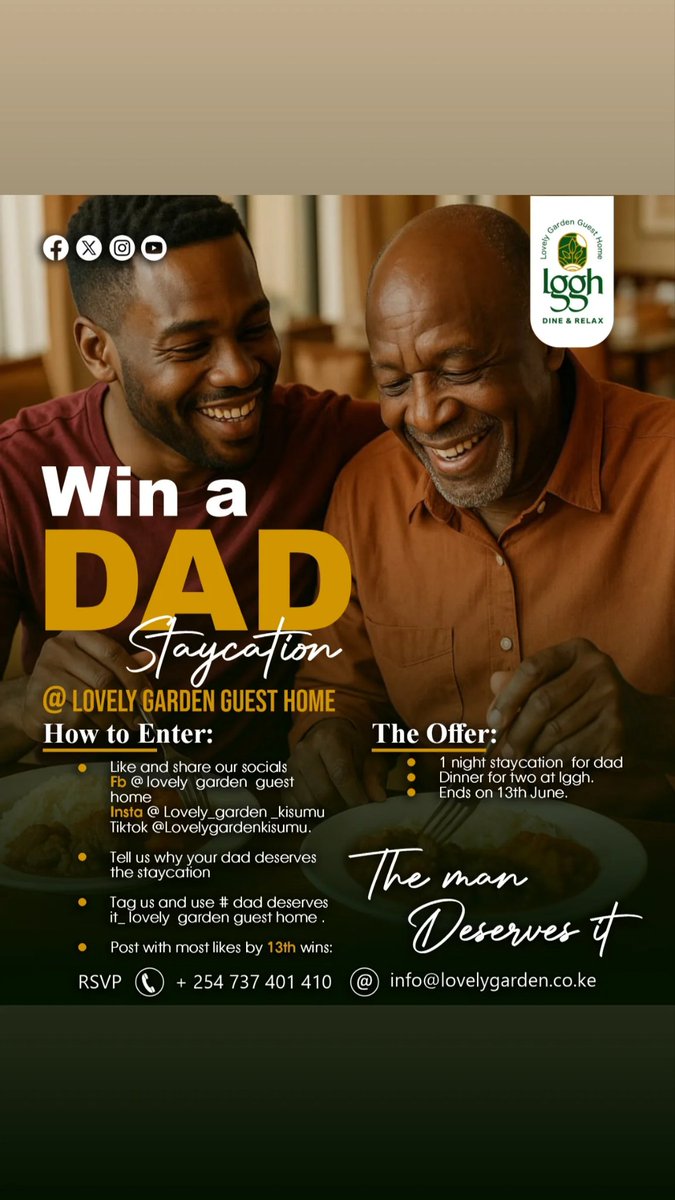 LGGH_KE's tweet photo. 👔 Not all heroes wear capes… some wear old sweaters and call us “my child.” 💛

This Father’s Day, let’s trade the usual socks and wallets for something unforgettable:
A 1-night staycation + dinner for two at Lovely Garden Guest Home! 🌿✨

📣 Tell us why your dad deserves this https://t.co/L6g0U9MzXW