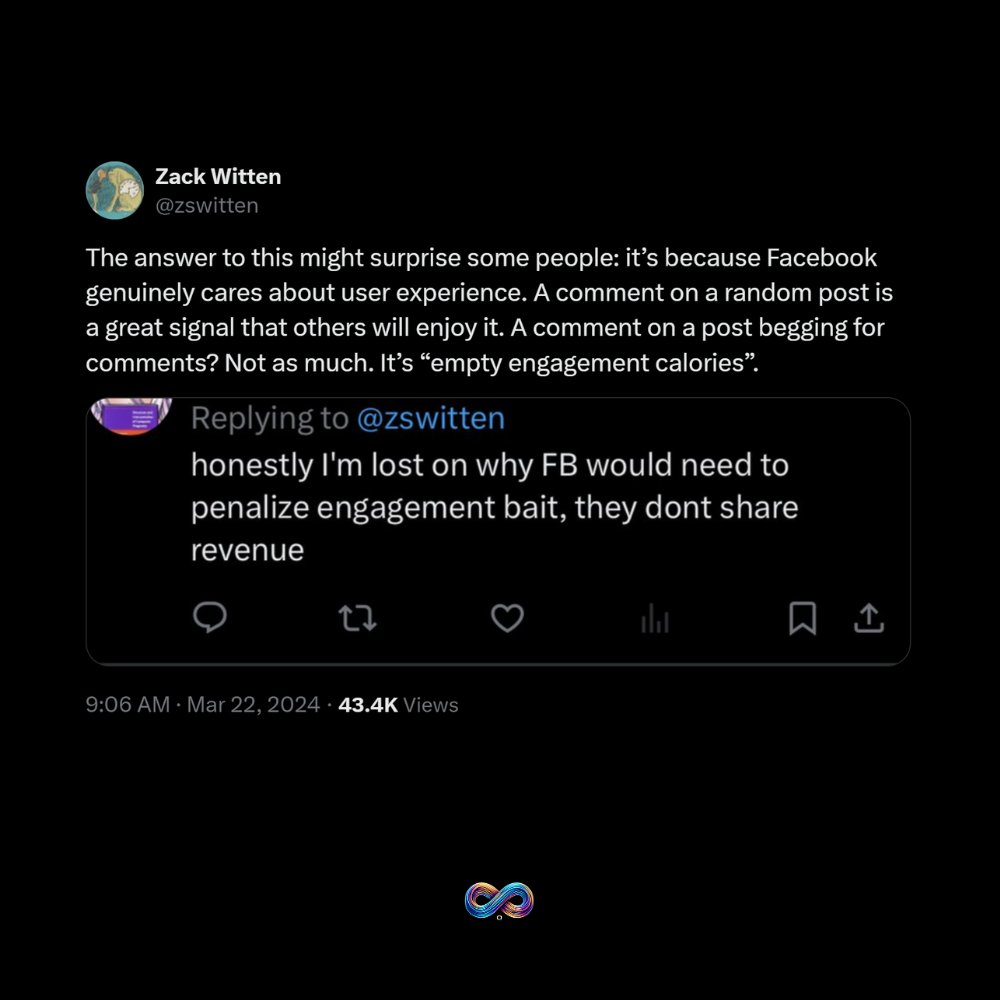 infinityengager's tweet image. Facebook isn’t punishing engagement bait because they’re petty.
They’re doing it to protect the user experience.

Comments that actually mean something tell the algorithm:
This post is worth spreading.
But “Drop a 💯 if you agree” or “Say yes to boost this post” -
Is just empty…