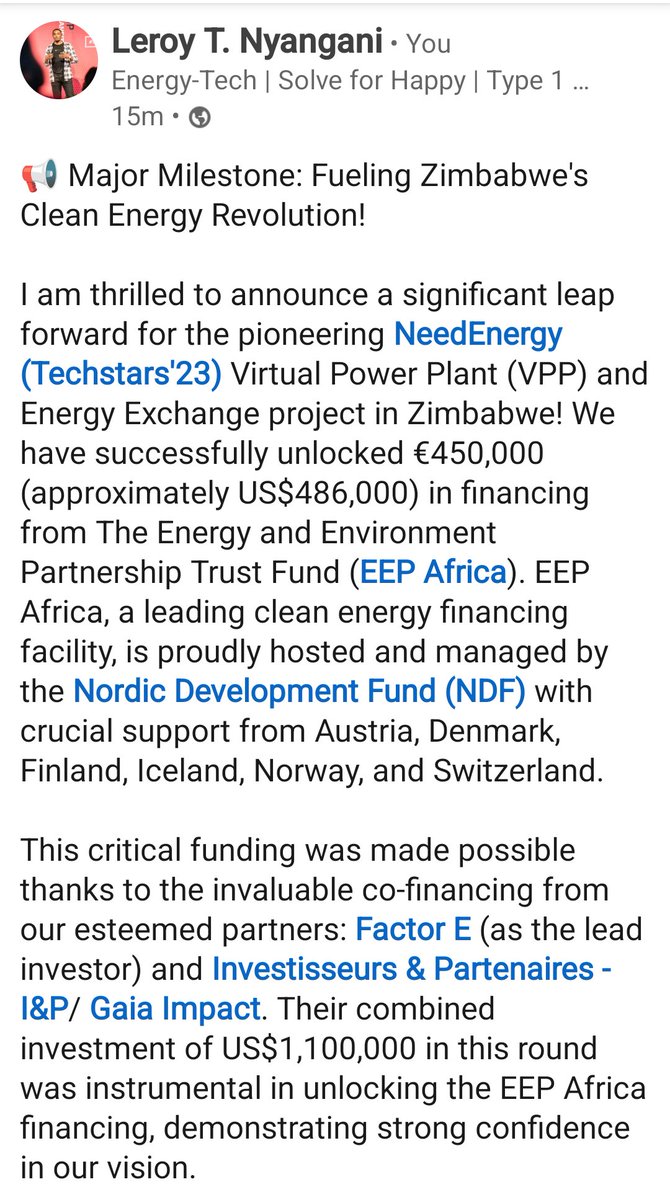 <a href="/NeedEnergyzw/">NeedEnergy</a> has successfully raised an additional €450,000 (~US$480,000) from <a href="/EEP_Africa/">EEP Africa</a> an initiative of <a href="/NDFnews/">Nordic Development Fund</a>. This support elevates our total seed funding to US$1,580,000, powering the development of Zimbabwe's groundbreaking Virtual Power Plant and Energy Exchange🚀🚀
