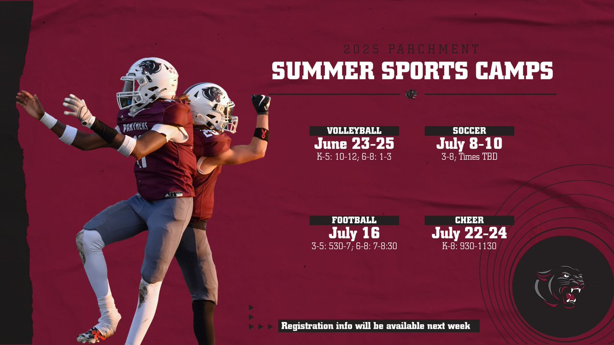 Parchment athletic programs will be hosting four camps this summer. Registration information will be made available next week. Camp Directors are Coach Wydick (VB), Coach Getty (SOC), Coach Nunn (FB), and Coach Campbell &amp; Carbary (Cheer).
Go Panthers