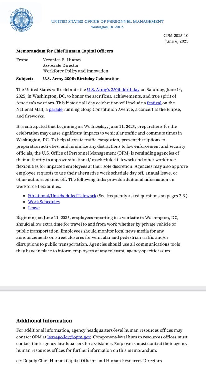 oliviacgeorge's tweet image. NEW: Ahead of the massive military parade happening in D.C. June 14,
@USOPM has issued a memo reminding federal agencies of their authority to approve telework & “other workforce flexibilities.”
On his first day back in office, Trump ordered an end to remote work.