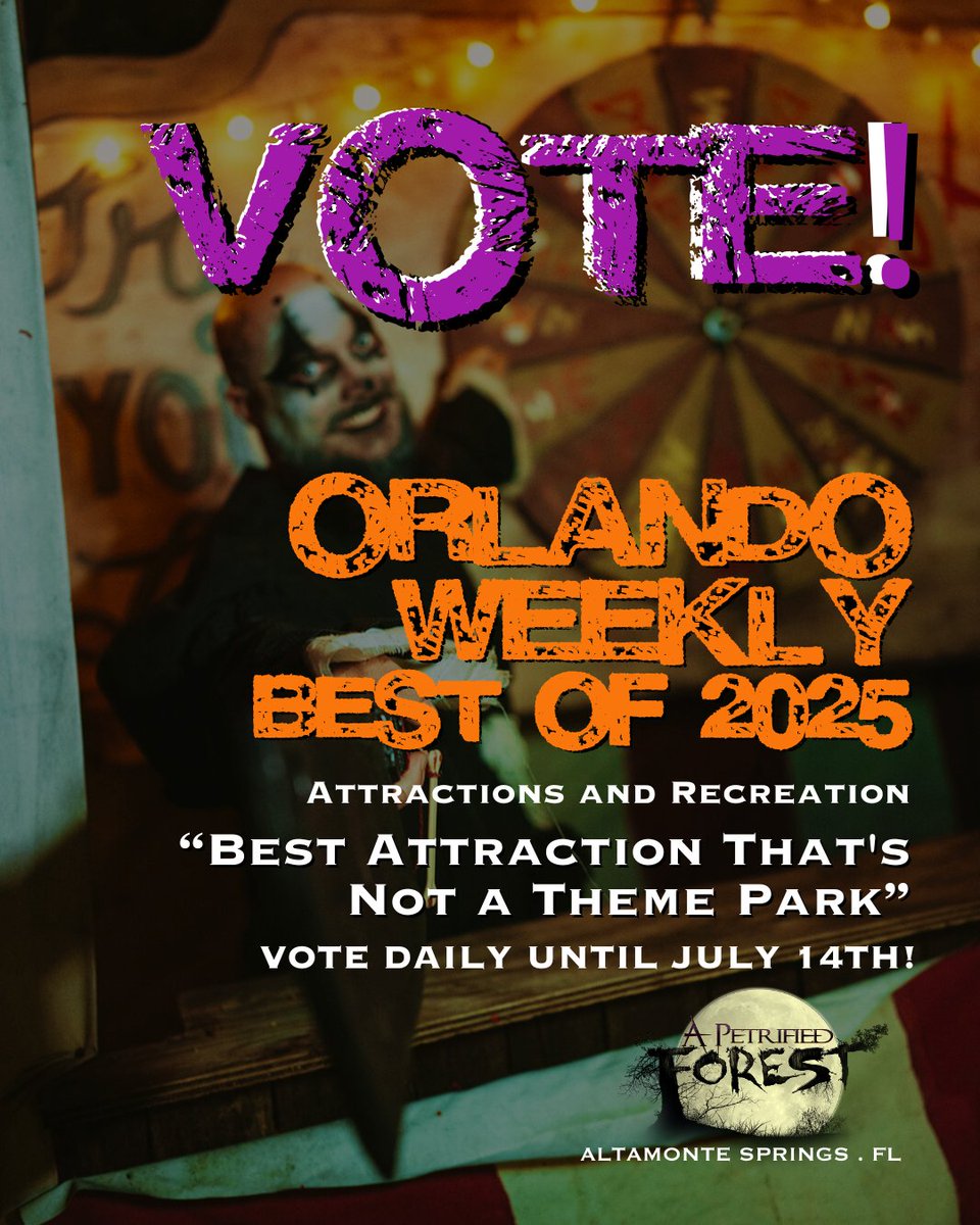 THANK YOU APF Fans!! Best Attraction that's not a Theme Park in Orlando Weekly’s 2025 Readers Poll. VOTE here vote.orlandoweekly.com/attractions-an…
VOTE once a day - July 14! #BePetrified
