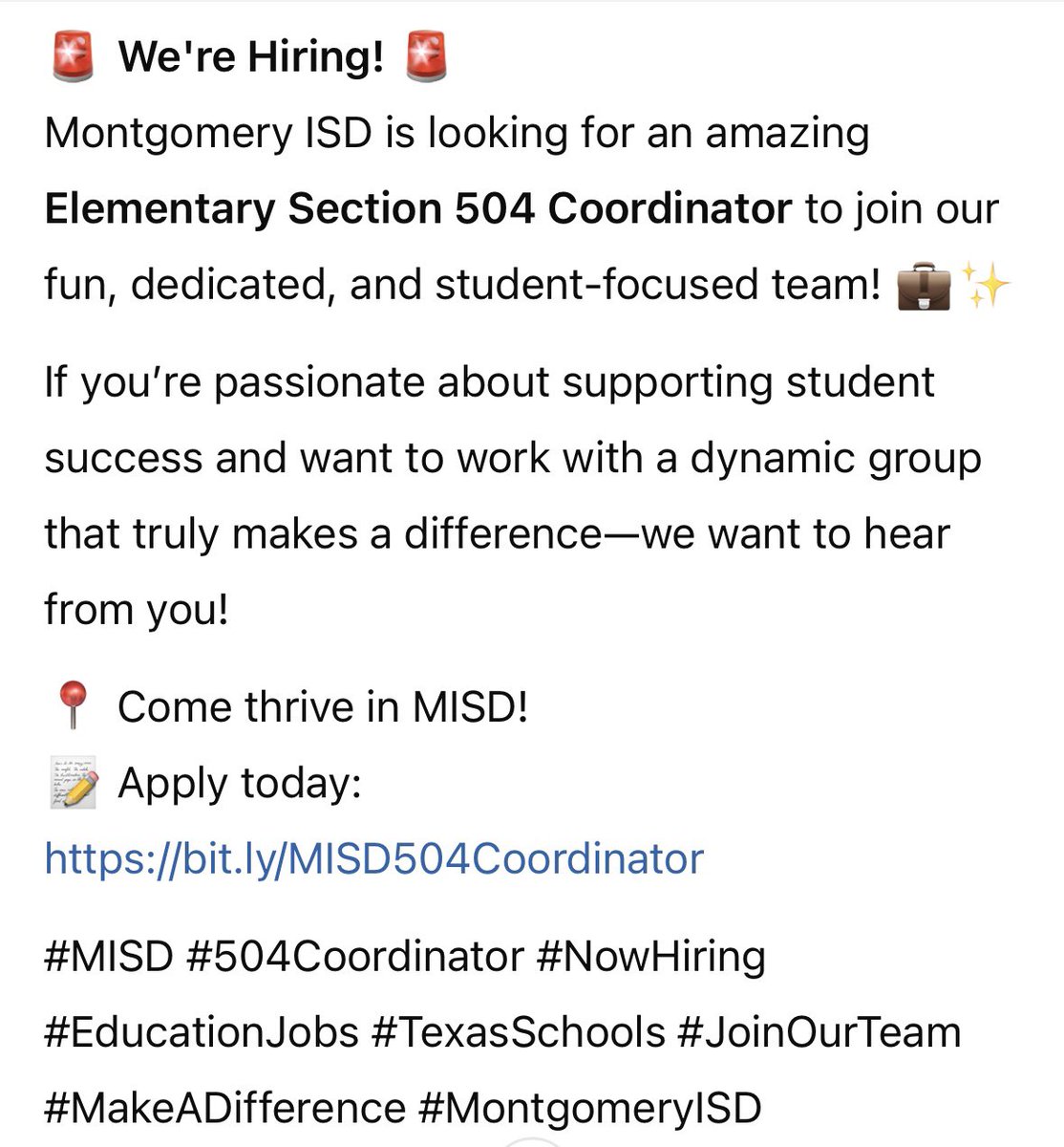 ⭐️Join our team!⭐️

📝 Apply today: bit.ly/MISD504Coordin…