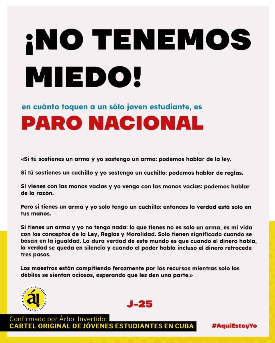 ArbolInvertido's tweet image. 📢Este cartel está circulando entre los jóvenes universitarios cubanos que actualmente protagonizan el paro contra el Tarifazo de ETECSA. Fue enviado directamente a nuestra redacción por los propios estudiantes, quienes nos pidieron que se respetara el mensaje original y no se…