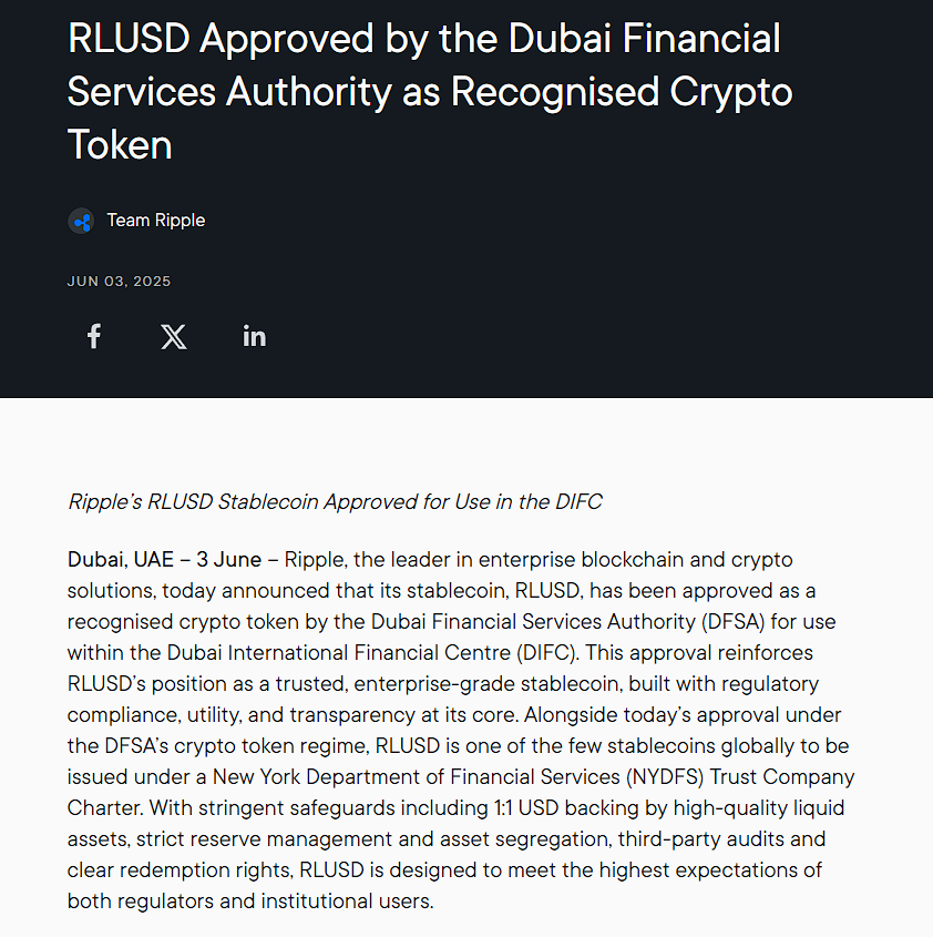 Ripple’s RLUSD stablecoin is now approved by Dubai’s DFSA for use in the DIFC 

Backed 1:1 by USD, RLUSD stablecoin is regulated by both DFSA and NYDFS. 

Setting the stage for Instant Payments &amp; Settlement.

#RLUSD #Crypto