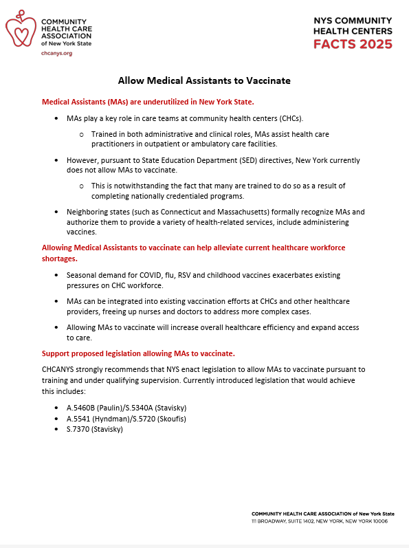 CHCANYS's tweet image. Thank you to the NY Senate for passing S.5430A Stavisky/A.5460B Paulin! This bill allows MAs to administer recommended vaccinations after receiving appropriate training & under appropriate supervision.
📢WE CALL ON THE NY ASSEMBLY TO CARRY THIS VITAL BILL ACROSS THE FINISH LINE!