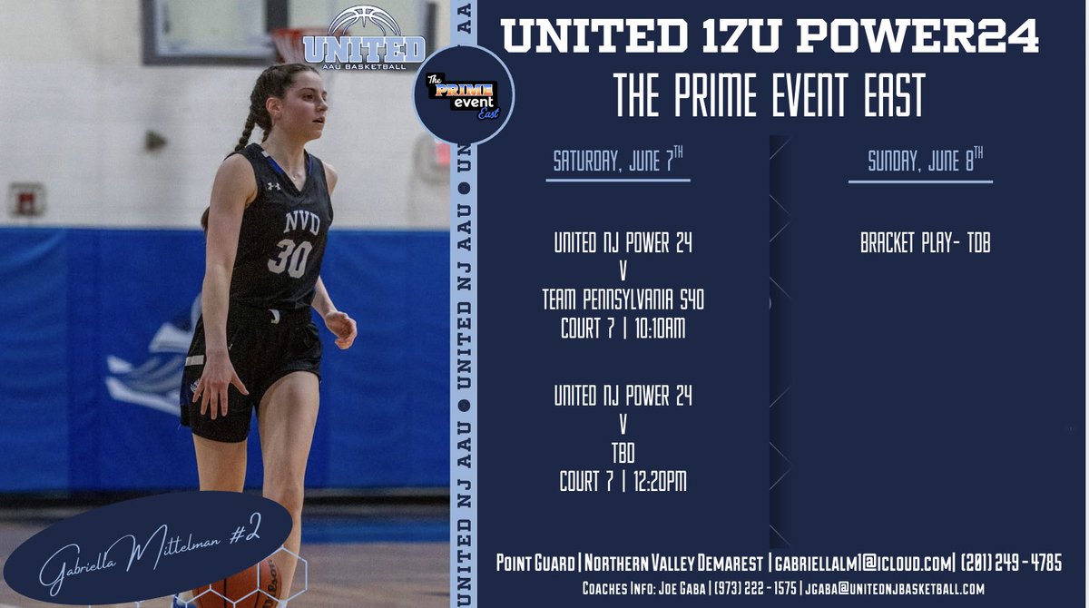 Gabriella Mittelman (@gabmittelman30) on Twitter photo Excited to be back this weekend with <a href="/unitedNJaau/">United NJ AAU</a> 17U Power 24 team at The Prime Event East tournament! Here’s our schedule:
<a href="/CoachGaba/">Coach Joe Gaba</a> <a href="/JennyJurjevic/">Jenny Jurjevic</a> Excited to be back this weekend with <a href="/unitedNJaau/">United NJ AAU</a> 17U Power 24 team at The Prime Event East tournament! Here’s our schedule:
<a href="/CoachGaba/">Coach Joe Gaba</a> <a href="/JennyJurjevic/">Jenny Jurjevic</a>