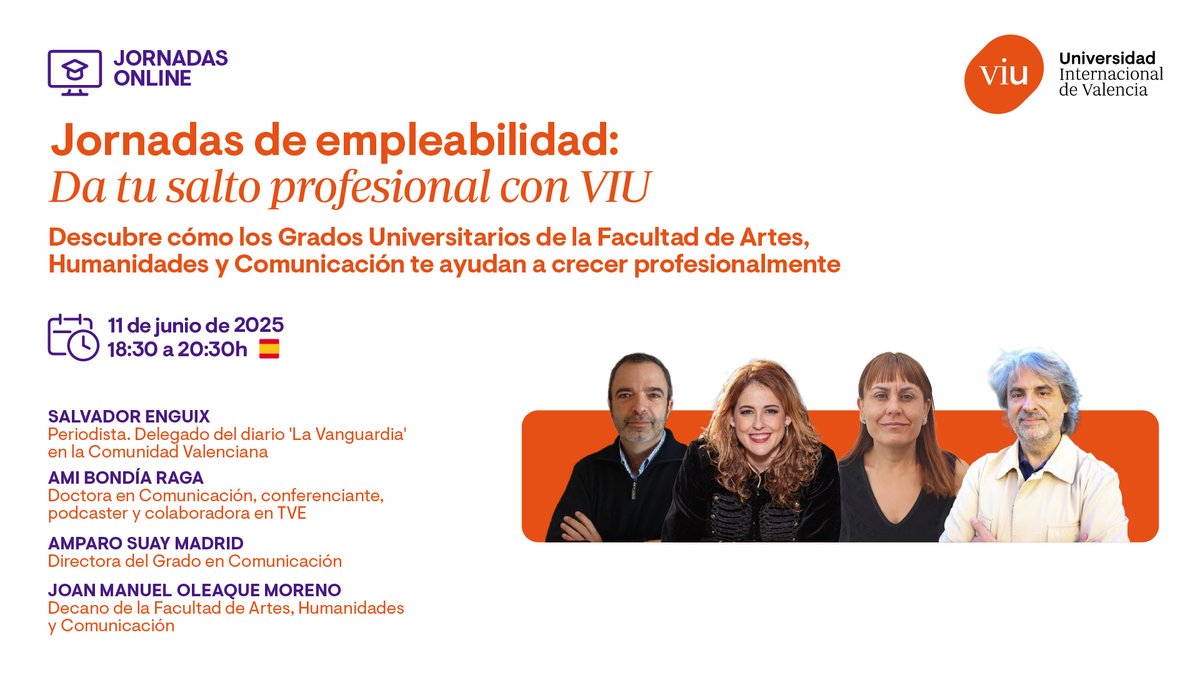 Amparo Suay (@amparosuaymad) on Twitter photo 🚀 Da tu salto profesional con la <a href="/UniversidadVIU/">Universidad Internacional de Valencia - VIU</a>
🎓 Ven a nuestras Jornadas de Empleabilidad Online y descubre cómo nuestros Grados Universitarios te pueden ayudar a crecer profesionalmente.
👉 Inscríbete gratis a todas las jornadas aquí:
universidadviu.com/es/actualidad/… 🚀 Da tu salto profesional con la <a href="/UniversidadVIU/">Universidad Internacional de Valencia - VIU</a>
🎓 Ven a nuestras Jornadas de Empleabilidad Online y descubre cómo nuestros Grados Universitarios te pueden ayudar a crecer profesionalmente.
👉 Inscríbete gratis a todas las jornadas aquí:
universidadviu.com/es/actualidad/…