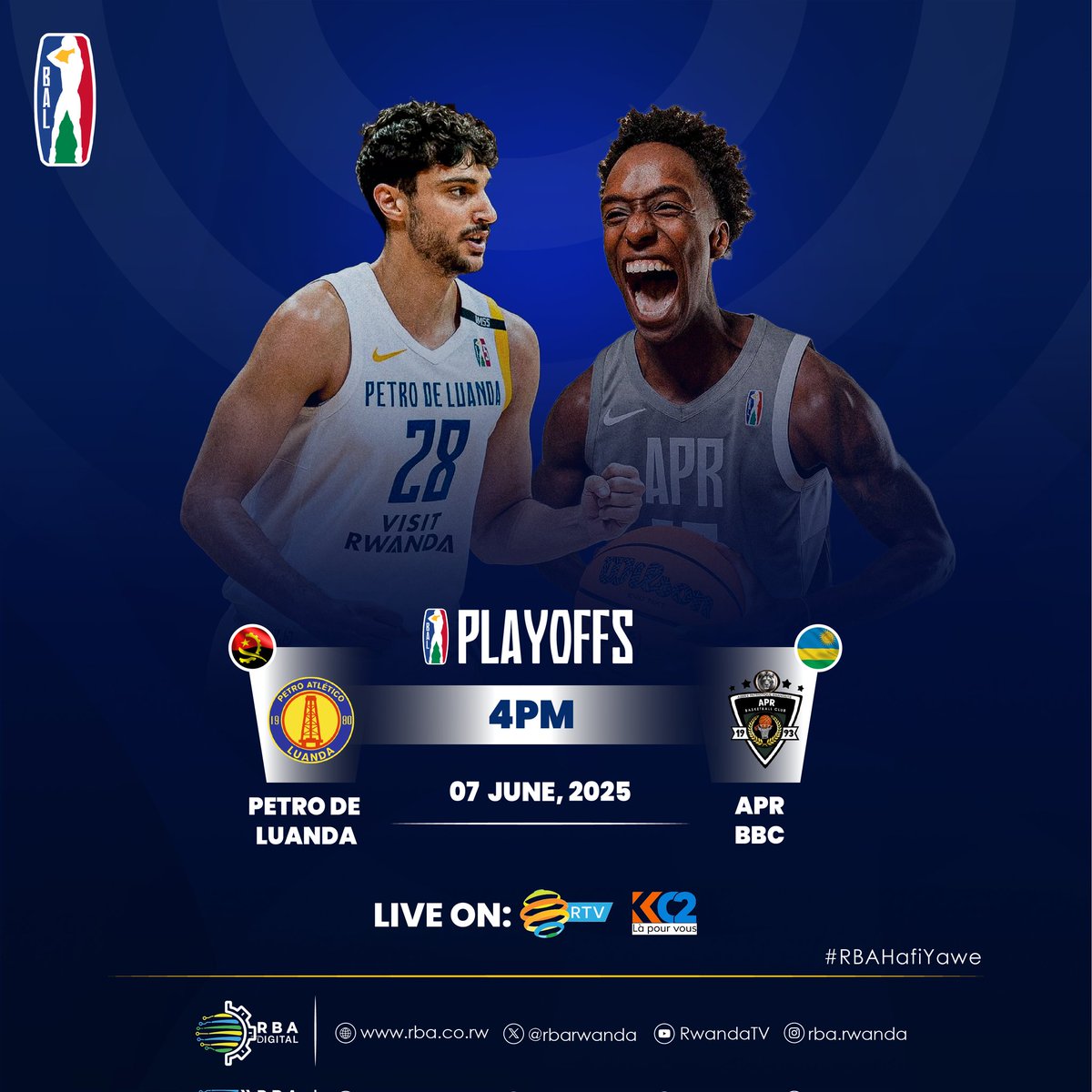 Rwanda Broadcasting Agency (RBA) (@rbarwanda) on Twitter photo ๐HEADS-UP๐
Petro de Luanda will face APR BBC in the BAL playoffs tomorrow at SunBet Arena in Pretoria, South Africa. The game will be broadcast live at 4:00 PM on <a href="/RwandaTV/">Rwanda Television</a> and <a href="/KC2_RW/">Kigali Channel 2(KC2)</a>.
#RBASports ๐HEADS-UP๐
Petro de Luanda will face APR BBC in the BAL playoffs tomorrow at SunBet Arena in Pretoria, South Africa. The game will be broadcast live at 4:00 PM on <a href="/RwandaTV/">Rwanda Television</a> and <a href="/KC2_RW/">Kigali Channel 2(KC2)</a>.
#RBASports