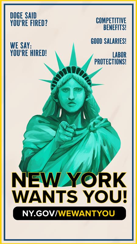 New York wants you!!
Whether you're a former federal employee or just looking for a change, check out career opportunities with New York State! ny.gov/wewantyou

#YoureHired #StateJobs